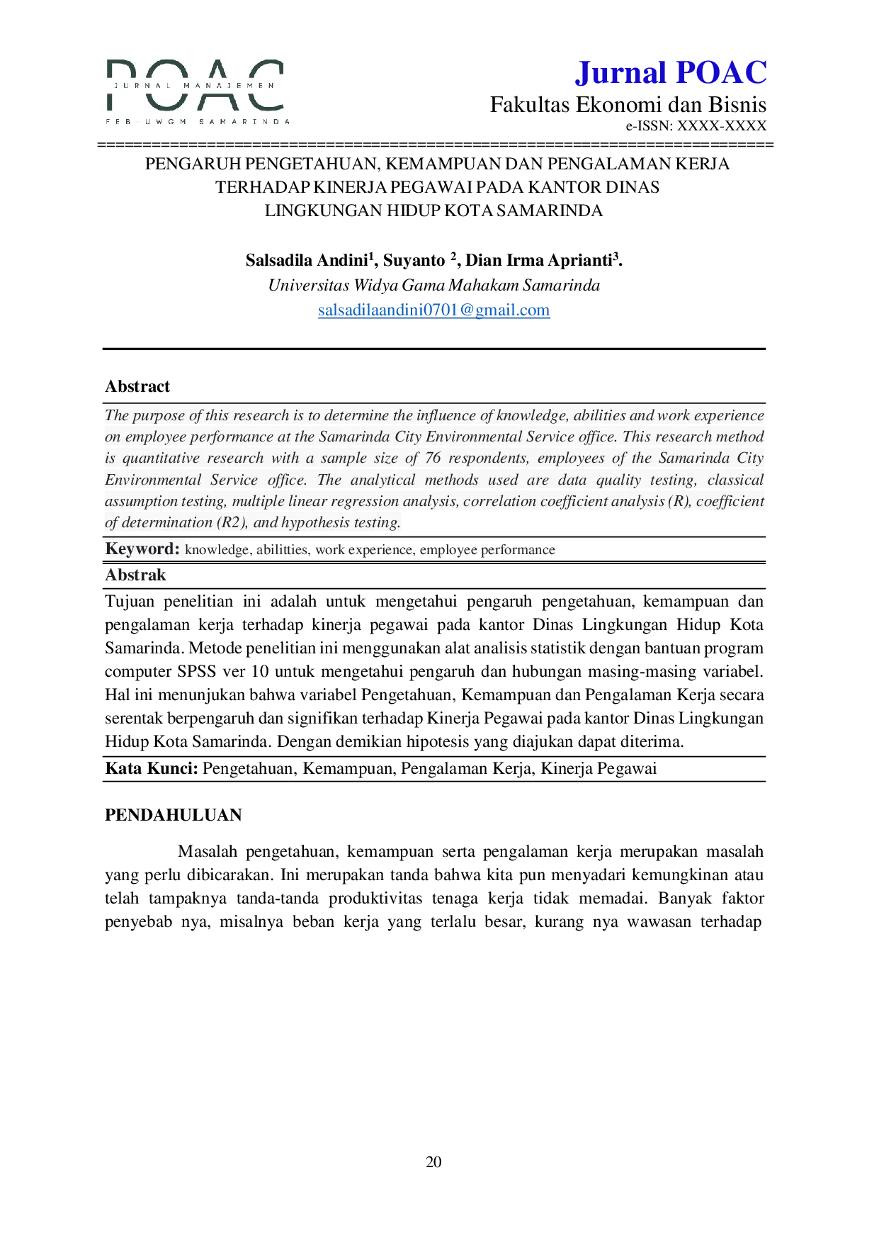 JURIS Pengaruh Pengetahuan Kemampuan Dan Pengalaman Kerja Terhadap Kinerja Pegawai Pada Kantor Dinas Lingkungan Hidup Kota Samarinda
