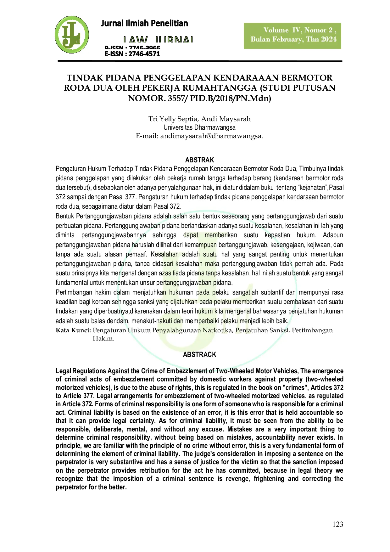 JURIS TINDAK PIDANA PENGGELAPAN KENDARAAAN BERMOTOR RODA DUA OLEH PEKERJA RUMAHTANGGA STUDI PUTUSAN NOMOR 3557 PID B 2018 PN Mdn