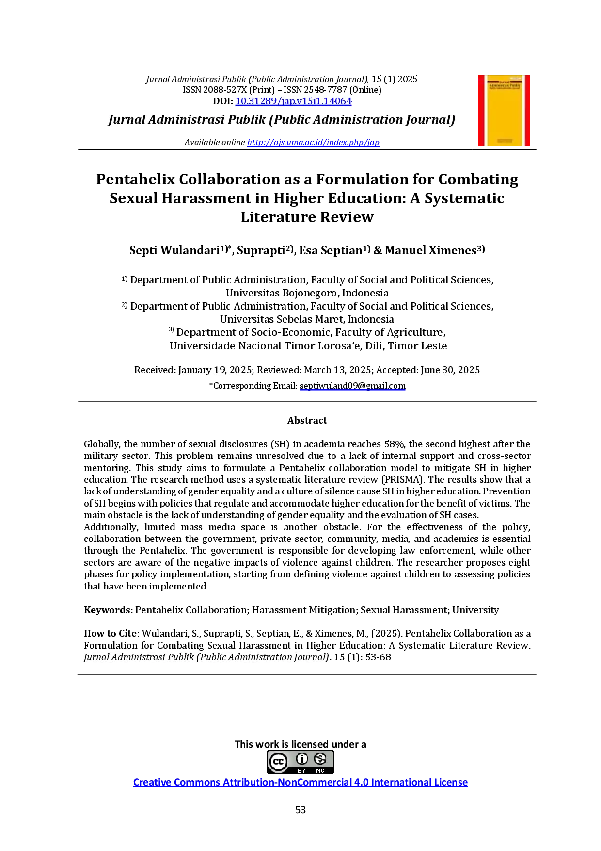 juris Pentahelix Collaboration as a Formulation for Combating Sexual Harassment in Higher Education A Systematic Literature Review
