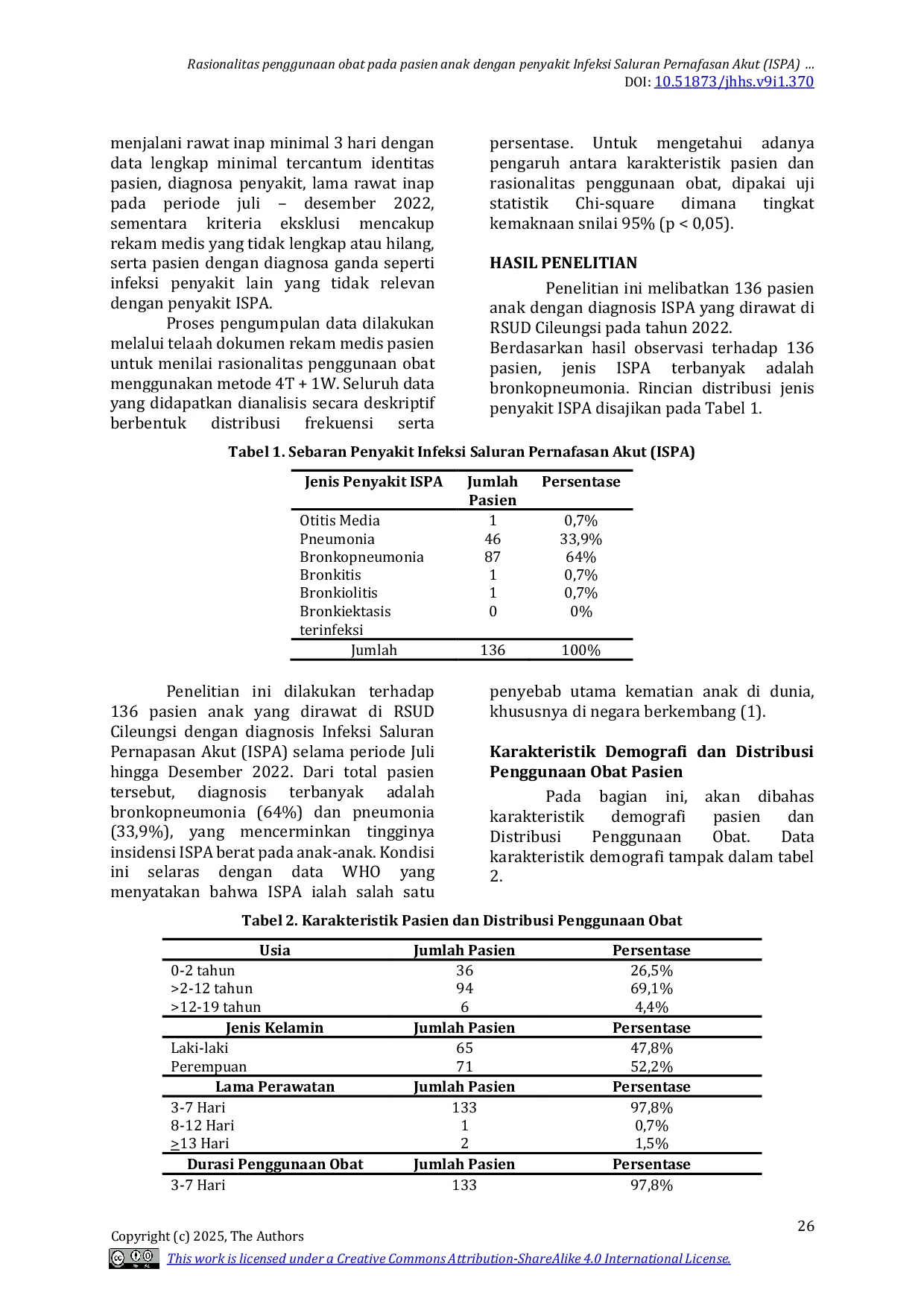 JURIS Rasionalitas penggunaan obat pada pasien anak dengan penyakit Infeksi Saluran Pernafasan Akut ISPA di rawat inap RSUD Cileungsi Bogor