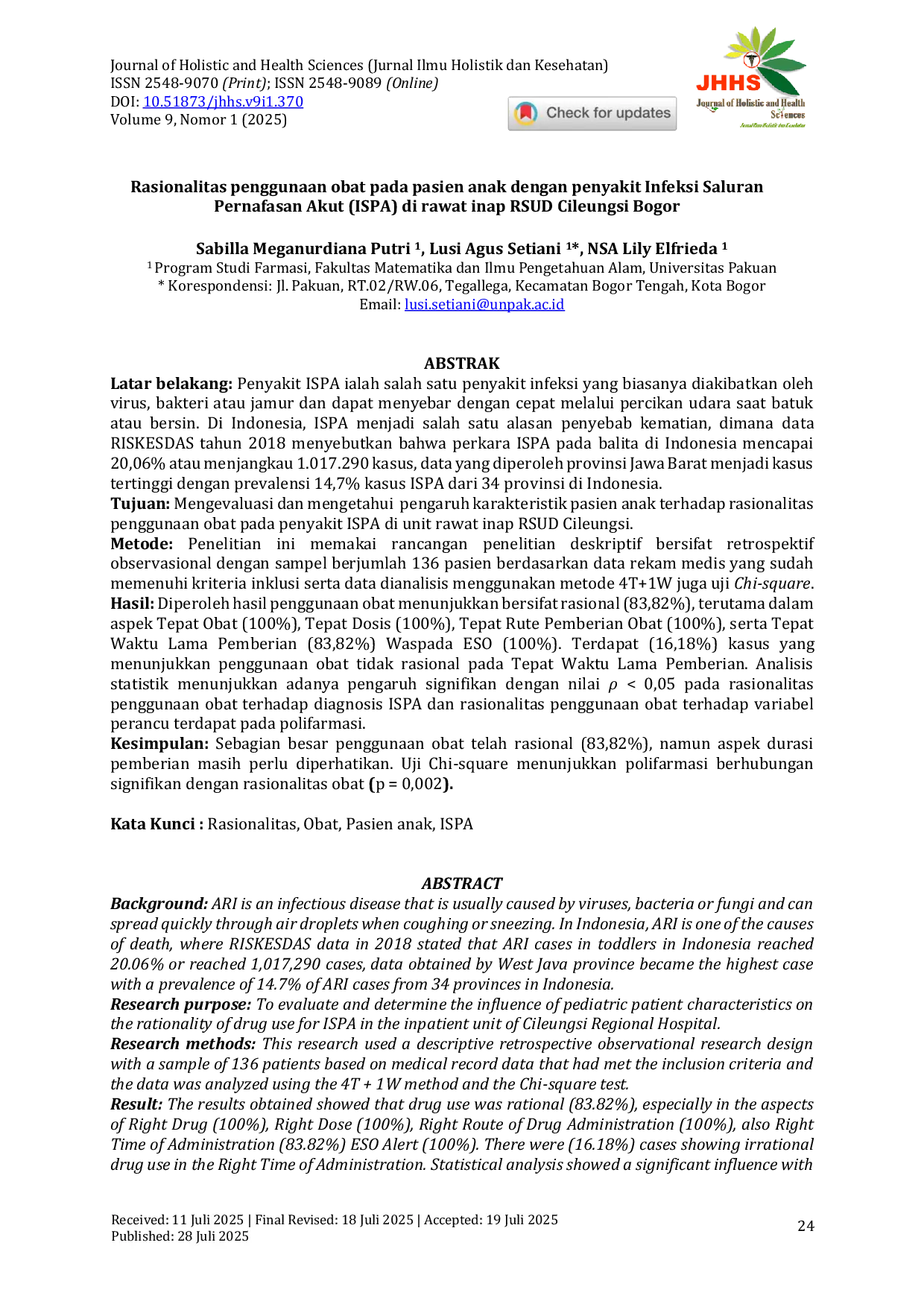 JURIS Rasionalitas penggunaan obat pada pasien anak dengan penyakit Infeksi Saluran Pernafasan Akut ISPA di rawat inap RSUD Cileungsi Bogor