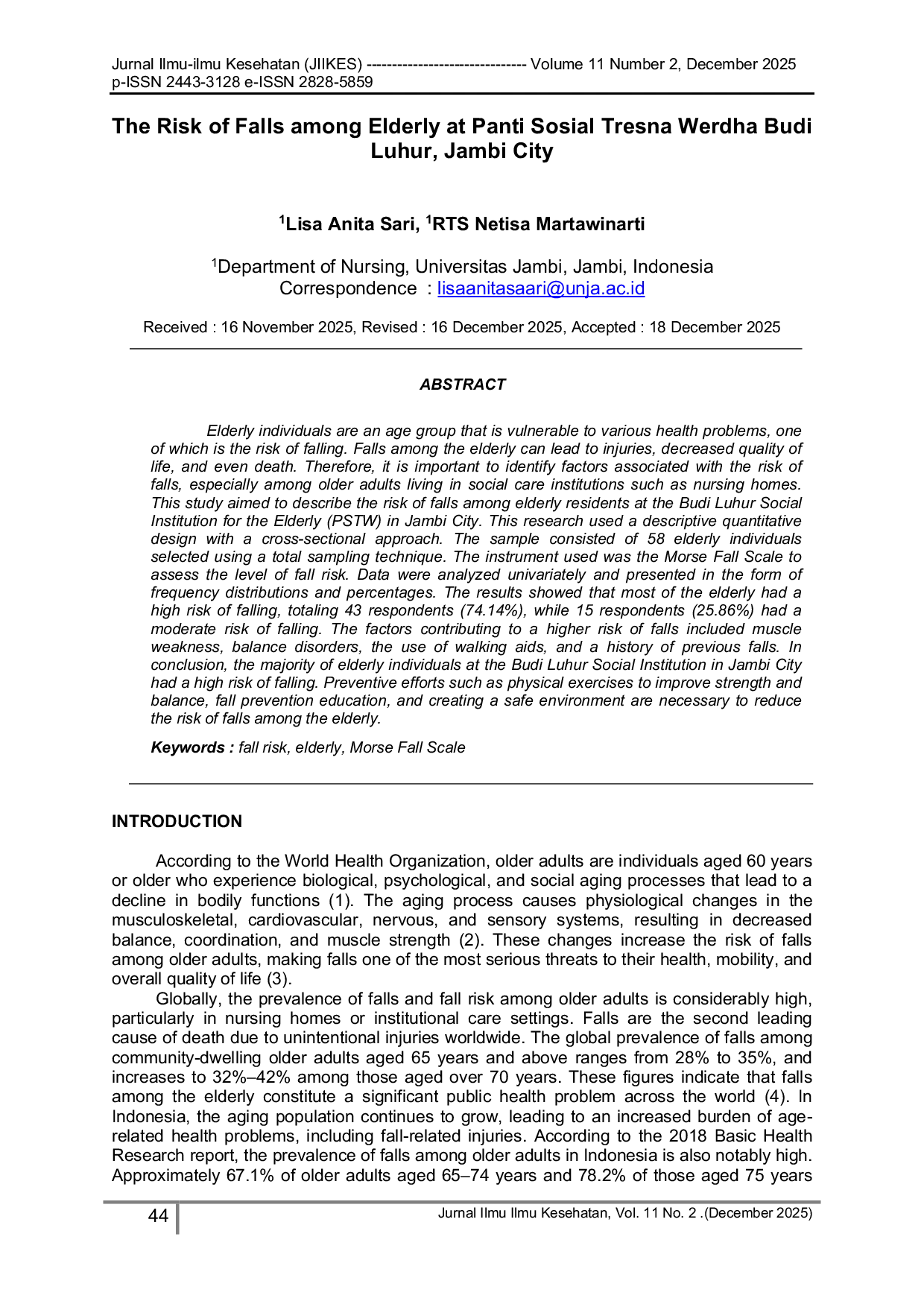 JURIS The Risk of Falls among Elderly at Panti Sosial Tresna Werdha Budi Luhur Jambi City