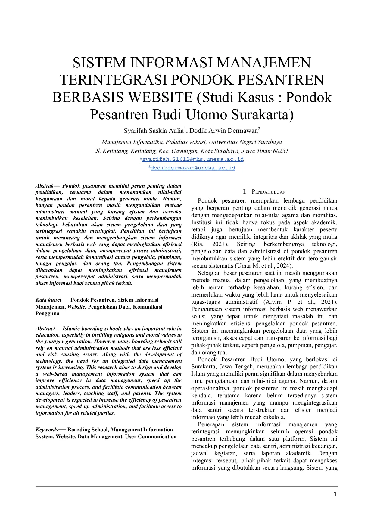 JURIS SISTEM INFORMASI MANAJEMEN TERINTEGRASI PONDOK PESANTREN BERBASIS WEBSITE Studi Kasus Pondok Pesantren Budi Utomo Surakarta