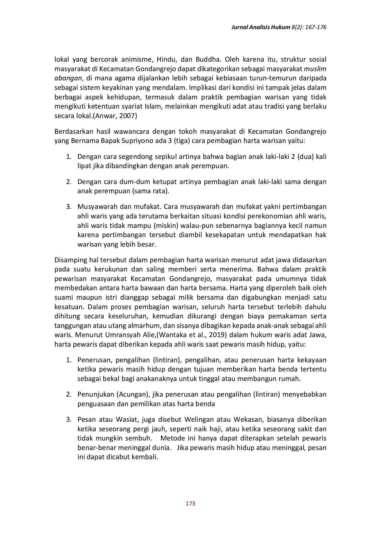 JURIS Pelaksanaan Pembagian Harta Warisan Menurut Hukum Adat di Kecamatan Gondangrejo Kabupaten Karanganyar Sebuah Studi Kasus