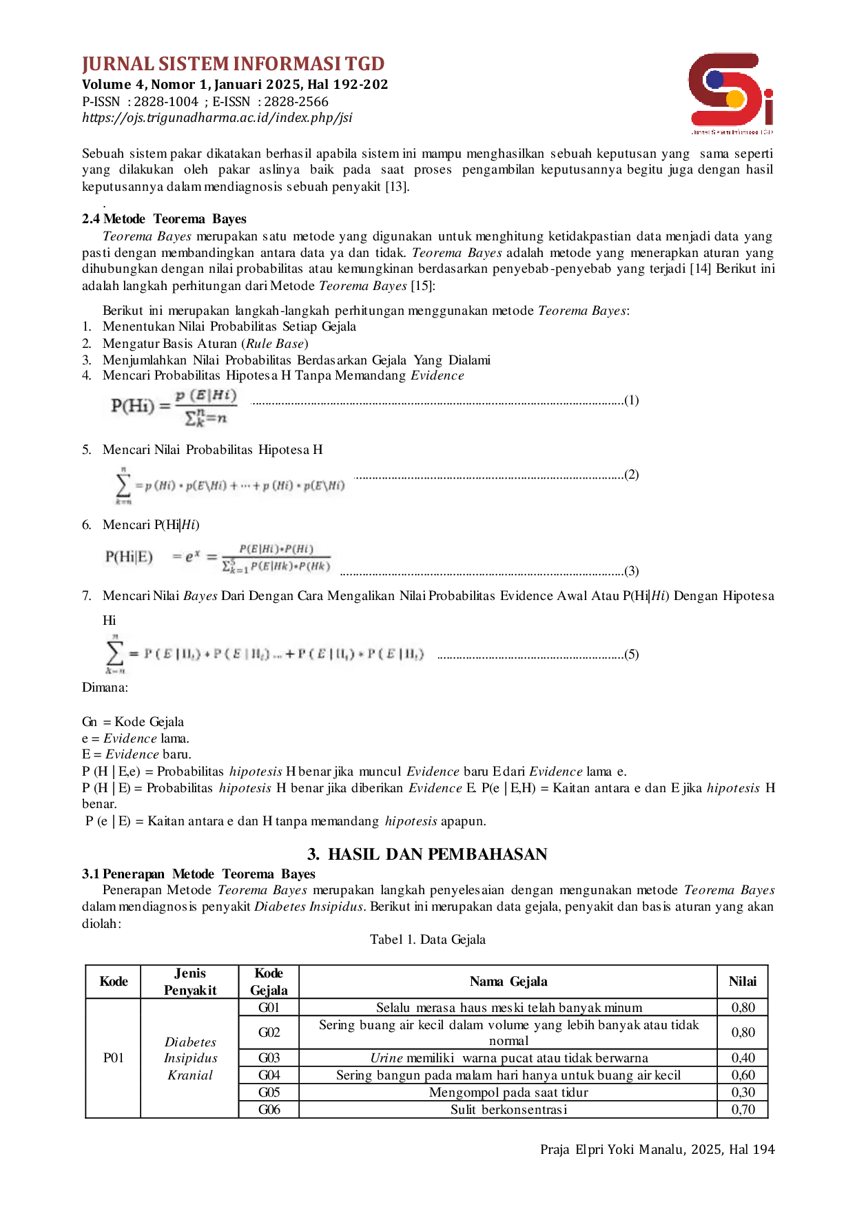 JURIS Sistem Pakar Mendiagnosis Penyakit Diabetes Insipidus Menggunakan Metode Teorema Bayes