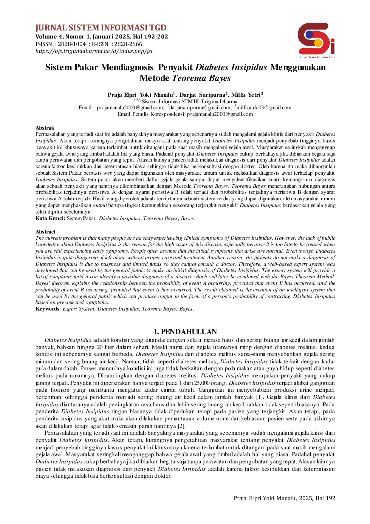 JURIS Sistem Pakar Mendiagnosis Penyakit Diabetes Insipidus Menggunakan Metode Teorema Bayes