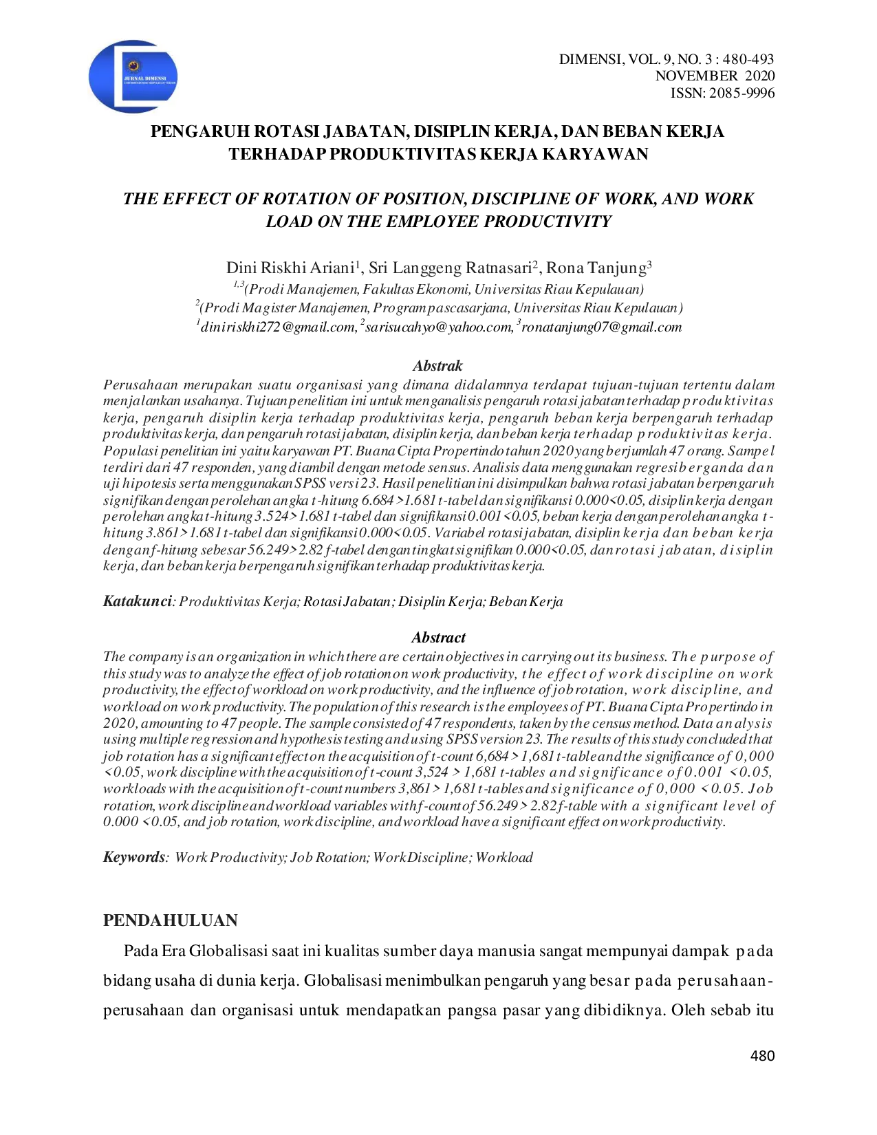 JURIS Pengaruh Rotasi Jabatan Disiplin Kerja dan Beban Kerja Terhadap Produktivitas Kerja Karyawan