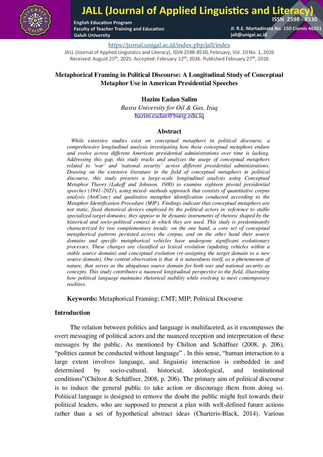 JURIS Metaphorical Framing in Political Discourse A Longitudinal Study of Conceptual Metaphor Use in American Presidential Speeches