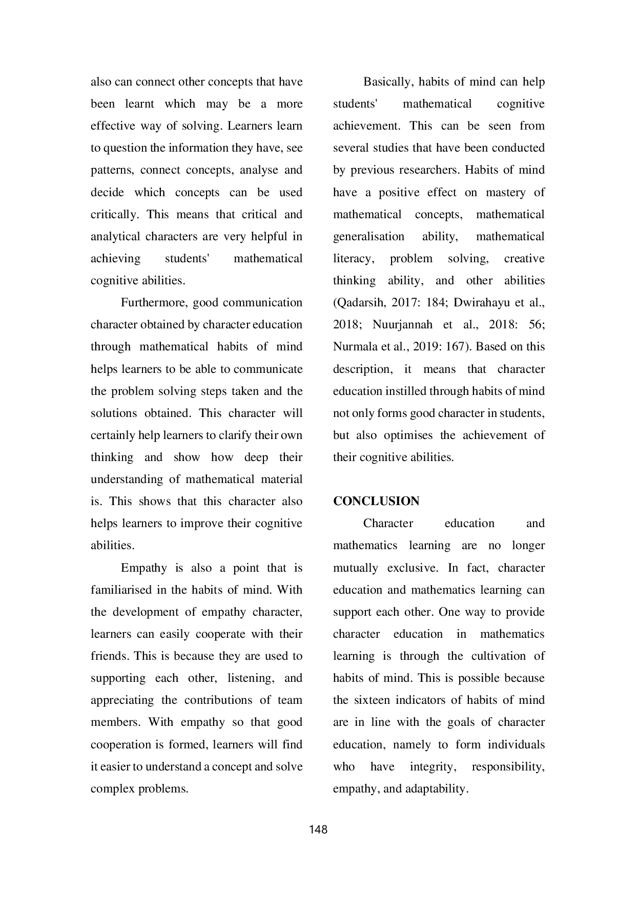 JURIS Character Education in Mathematics Learning Through Habits of Mind to Support the Achievement of Students Cognitive Mathematical Ability