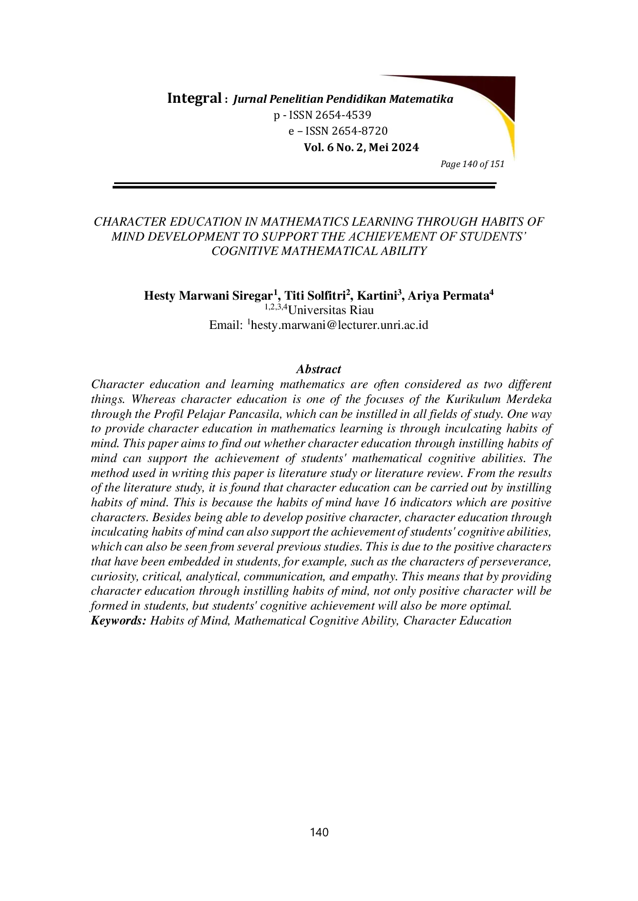 JURIS Character Education in Mathematics Learning Through Habits of Mind to Support the Achievement of Students Cognitive Mathematical Ability