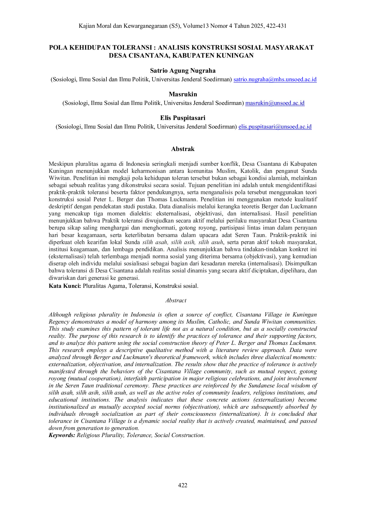 JURIS A Tolerant Lifestyle Analysis of Social Construction in Cisantana Village Kuningan Regency