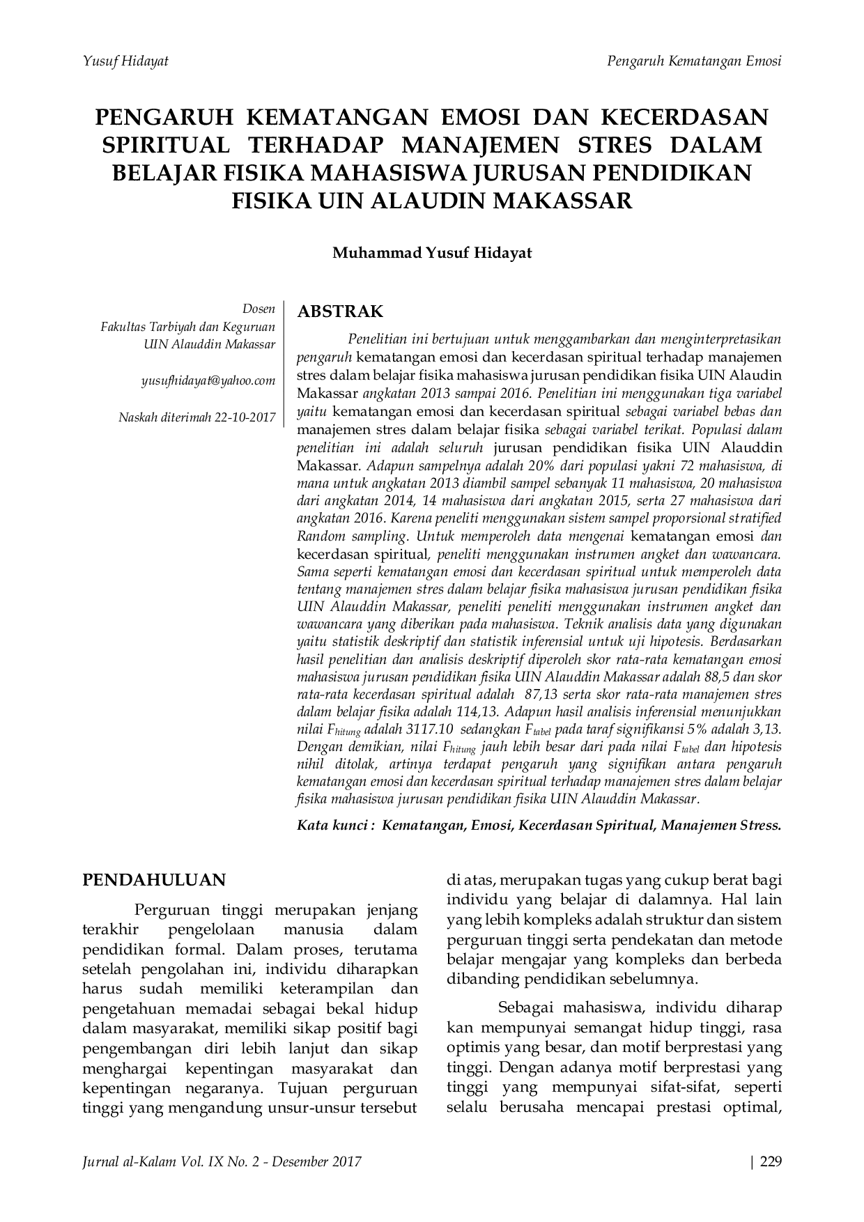 JURIS Pengaruh Kematangan Emosi Dan Kecerdasan Spiritual Terhadap Manajemen Stres Dalam Belajar Fisika Mahasiswa Jurusan Pendidikan Fisika Uin Alaudin Makassar