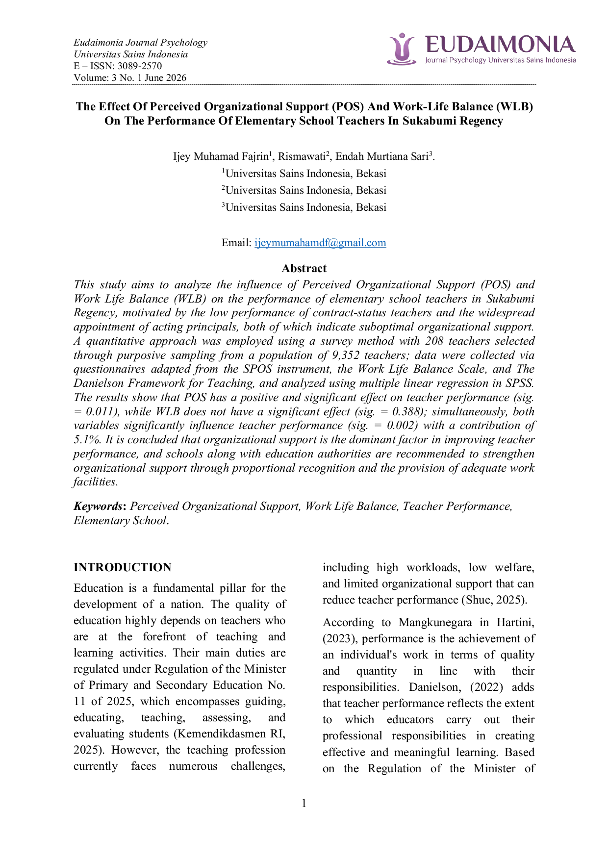 JURIS The Effect Of Perceived Organizational Support POS And Work Life Balance WLB On The Performance Of Elementary School Teachers In Sukabumi Regency