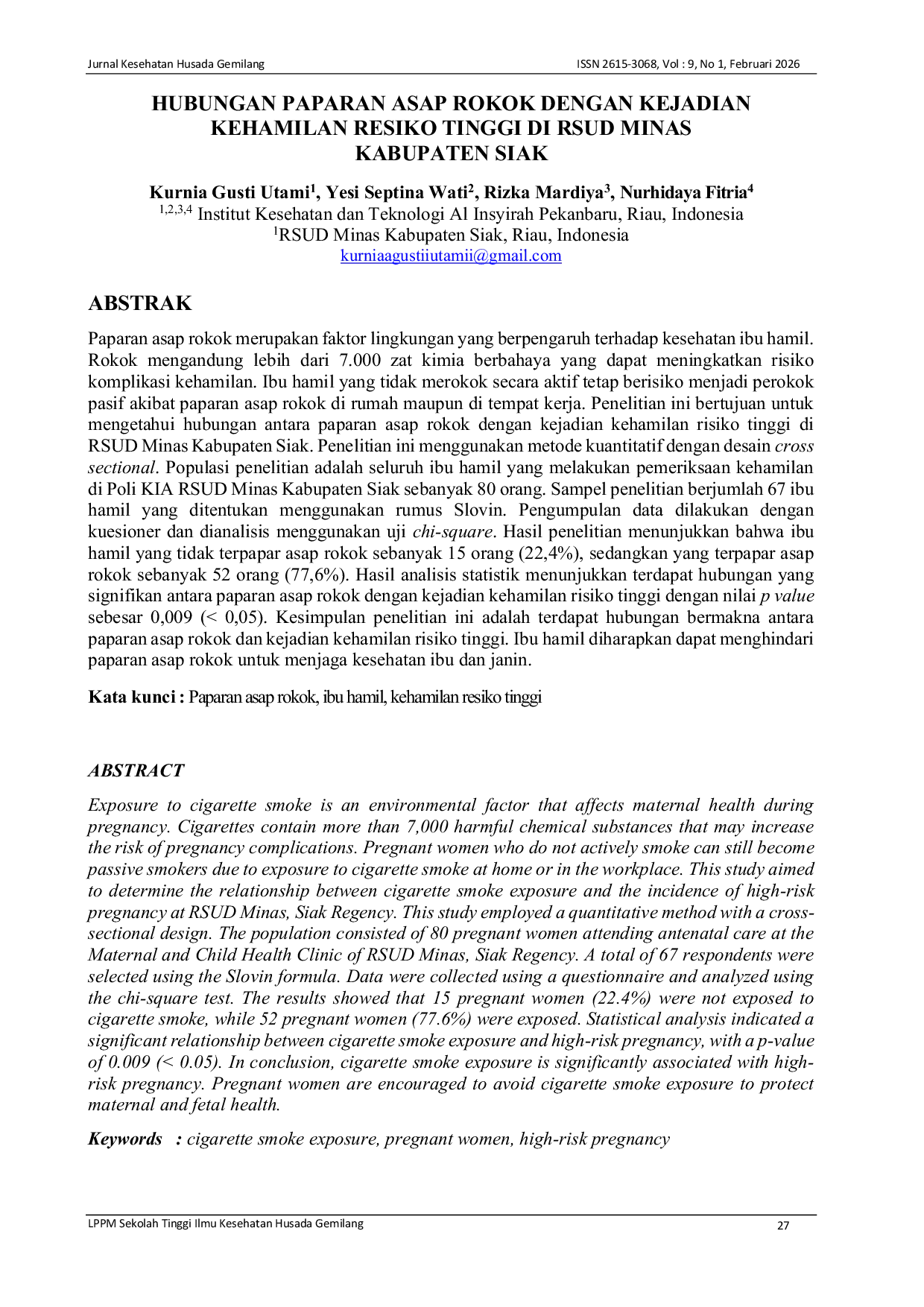 JURIS Hubungan Paparan Asap Rokok dengan Kejadian Kehamilan Risiko Tinggi di RSUD Minas Kabupaten Siak