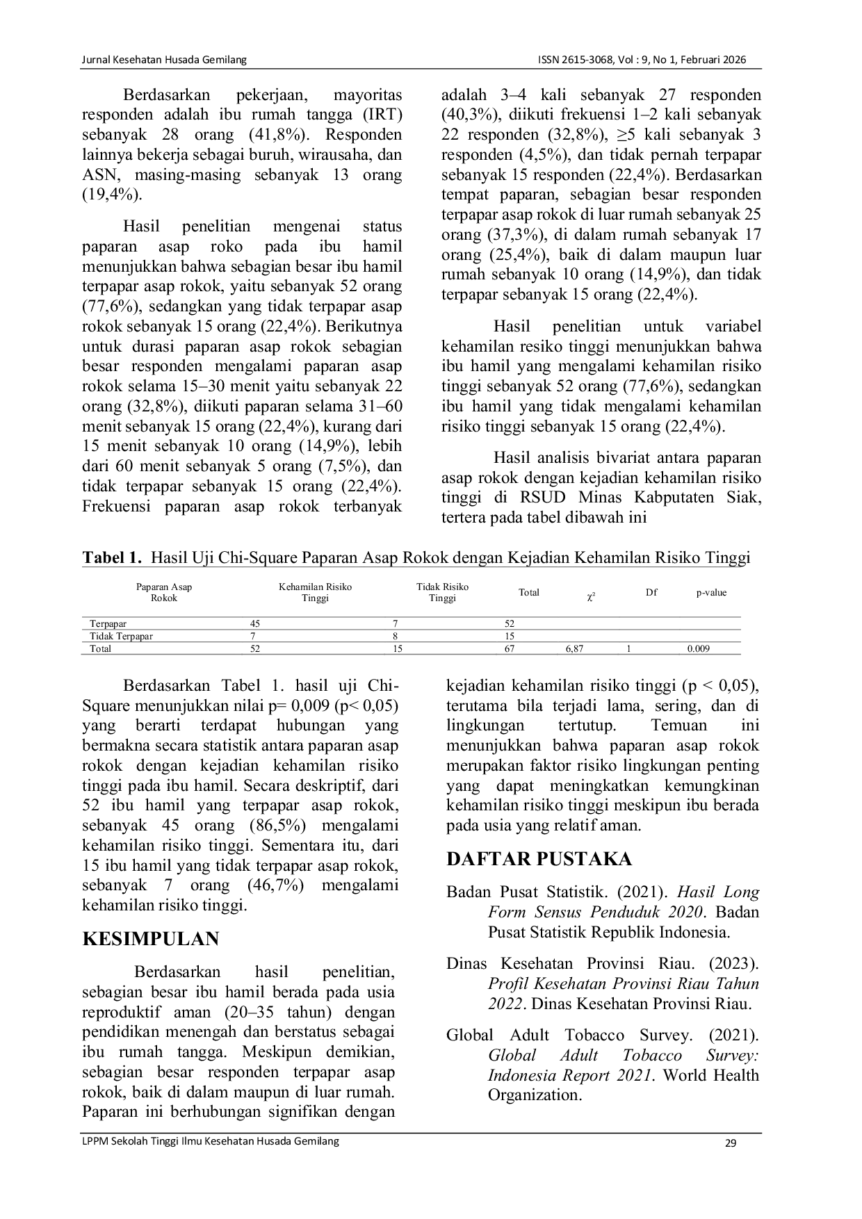 JURIS Hubungan Paparan Asap Rokok dengan Kejadian Kehamilan Risiko Tinggi di RSUD Minas Kabupaten Siak