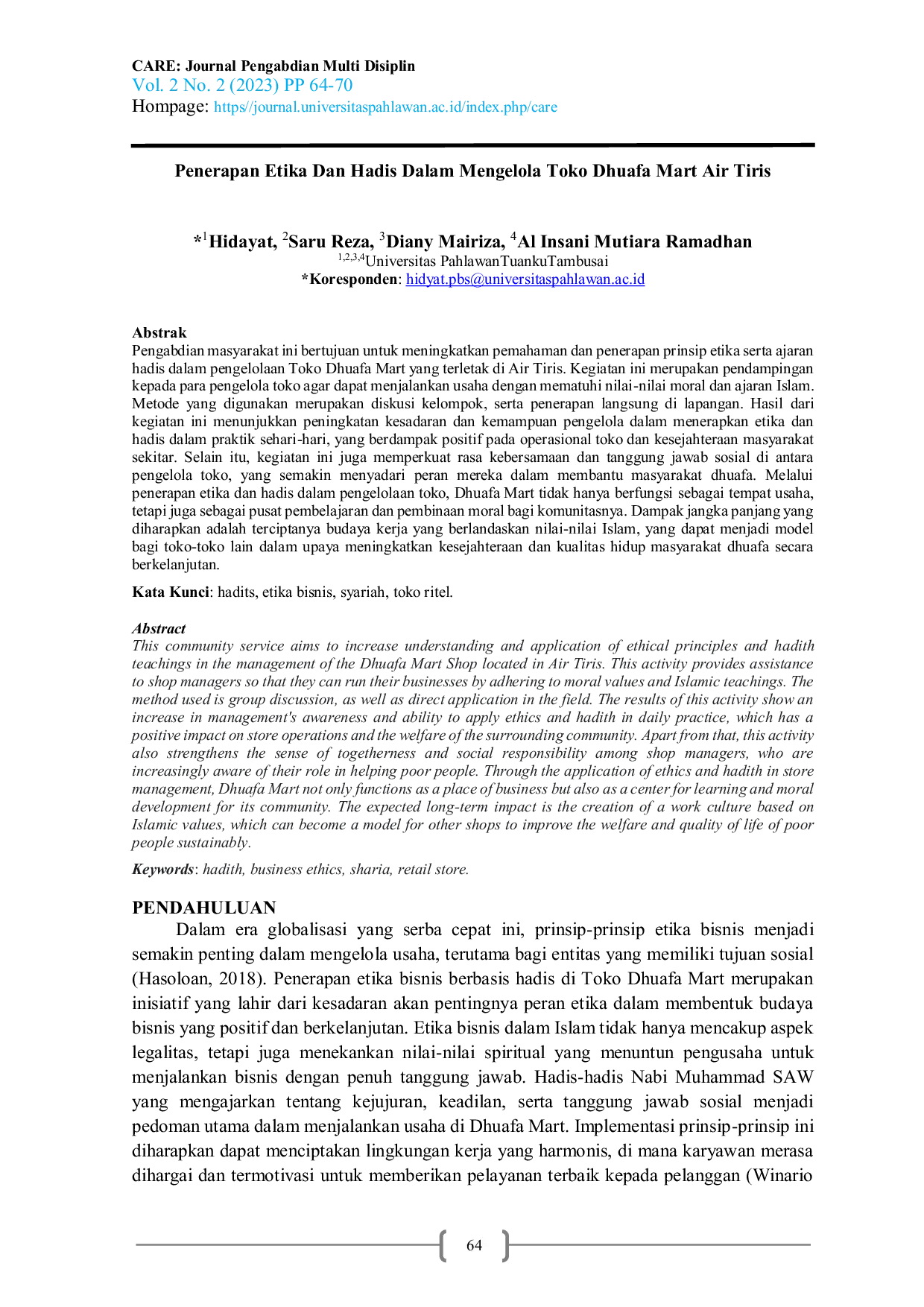 JURIS Penerapan Etika Dan Hadis Dalam Mengelola Toko Dhuafa Mart Air Tiris