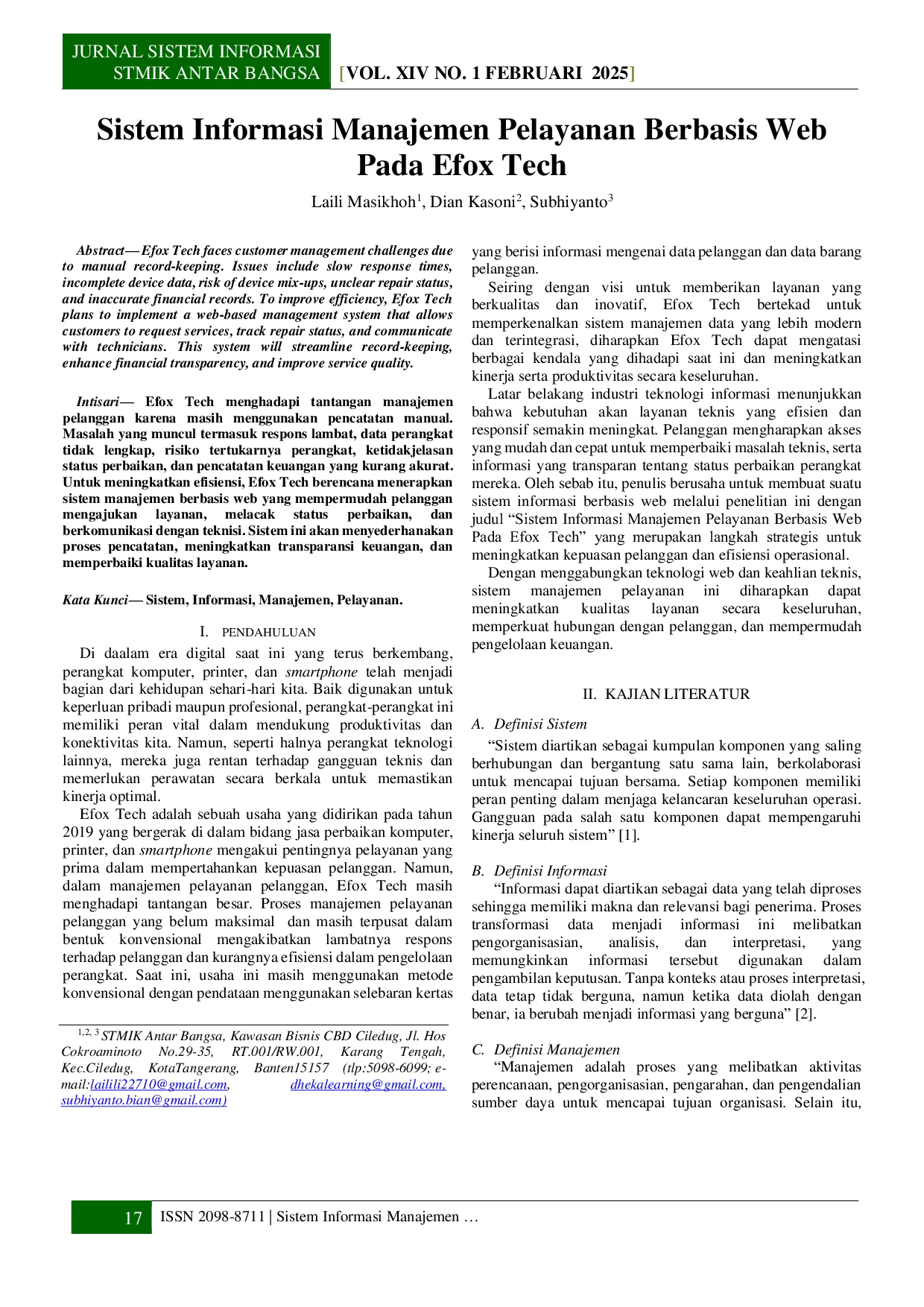 JURIS Sistem Informasi Manajemen Pelayanan Service Berbasis Web pada Efox tech