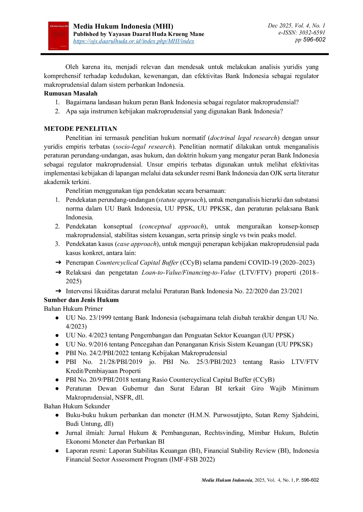 JURIS Analisis Yuridis Peran Bank Indonesia sebagai Regulator Makroprudensial dalam Sistem Perbankan Indonesia