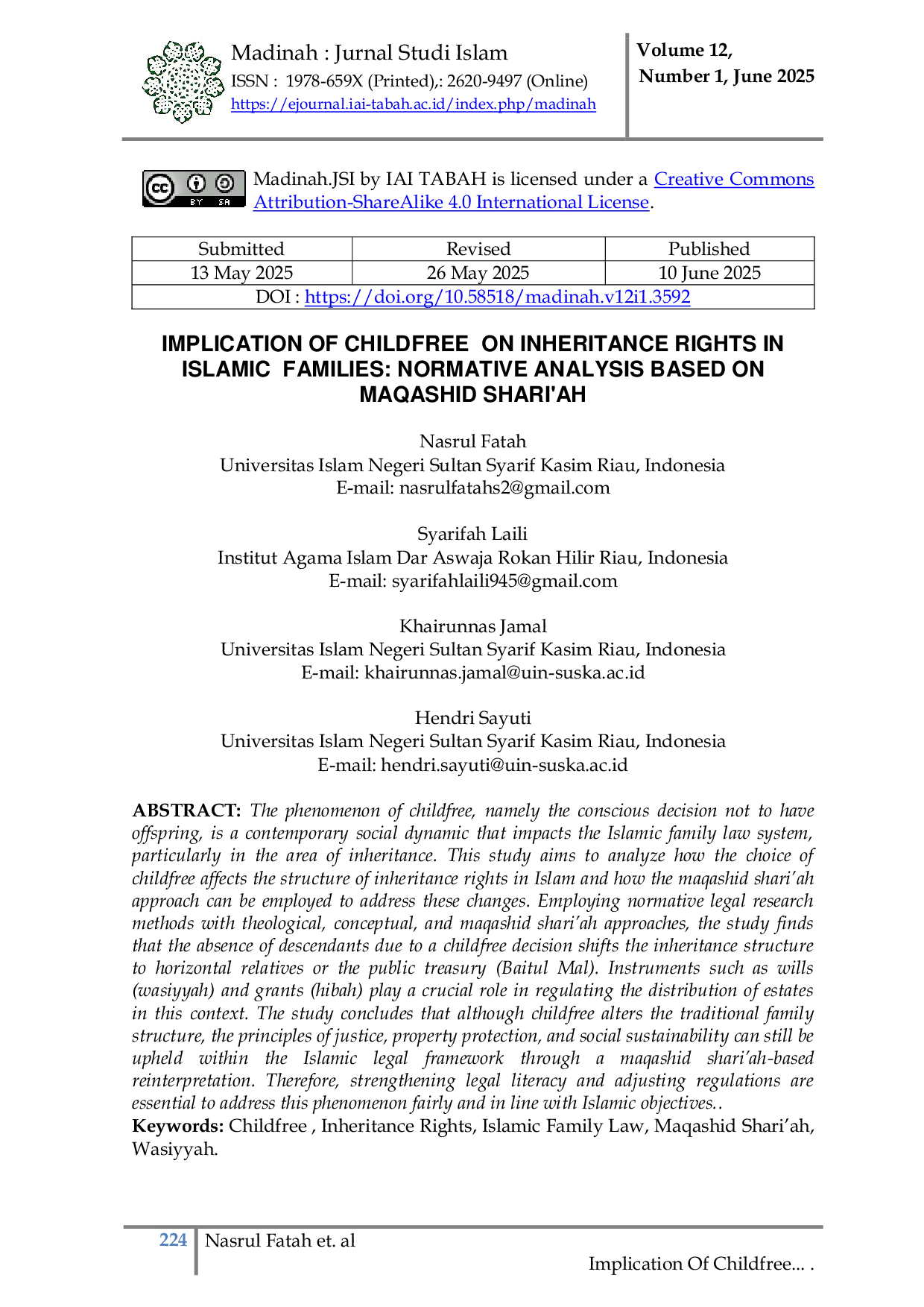 JURIS IMPLIKASI CHILDFREE TERHADAP HAK WARIS DALAM HUKUM KELUARGA ISLAM ANALISIS NORMATIF BERBASIS MAQASHID SHARI AH