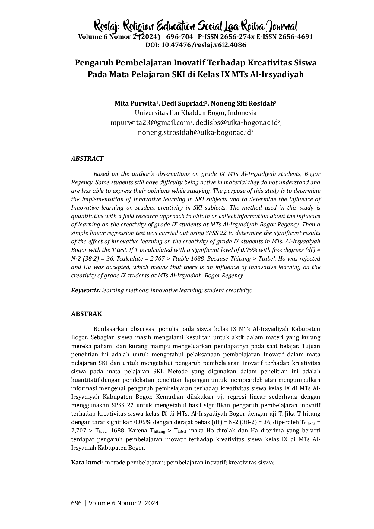 juris Pengaruh Pembelajaran Inovatif Terhadap Kreativitas Siswa Pada Mata Pelajaran SKI di Kelas IX MTs Al Irsyadiyah