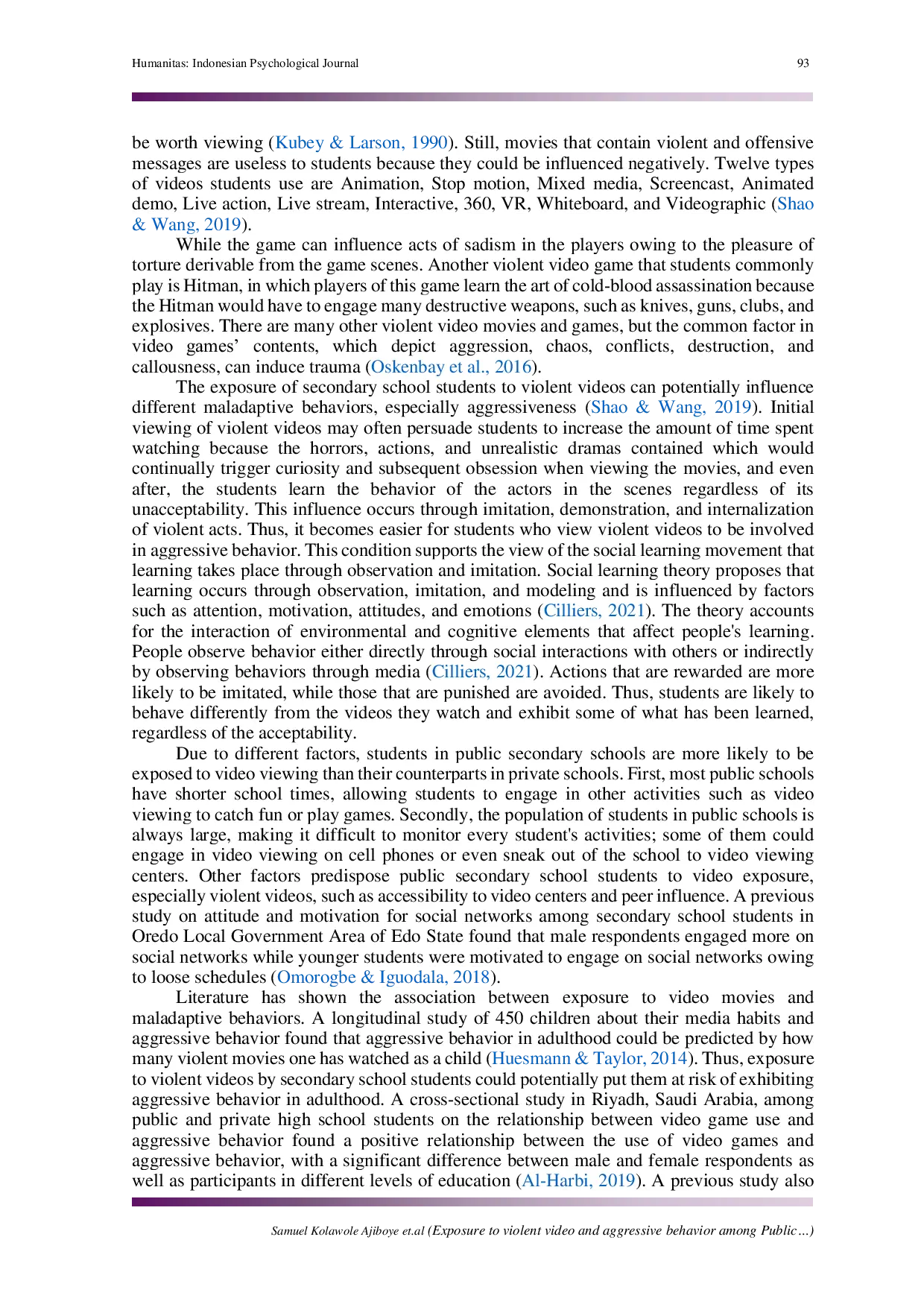 JURIS Exposure to violent video and aggressive behavior among Public Secondary Students Kwara State Nigeria