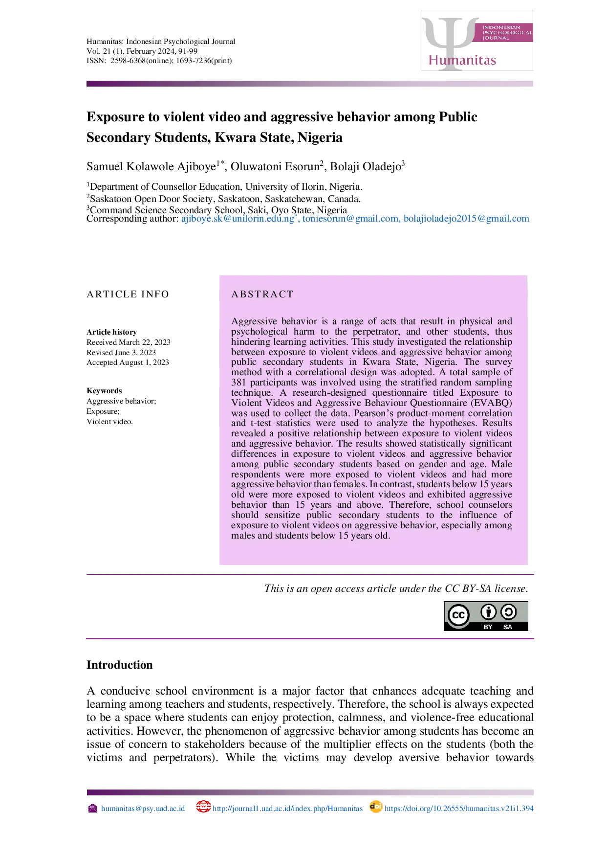 JURIS Exposure to violent video and aggressive behavior among Public Secondary Students Kwara State Nigeria