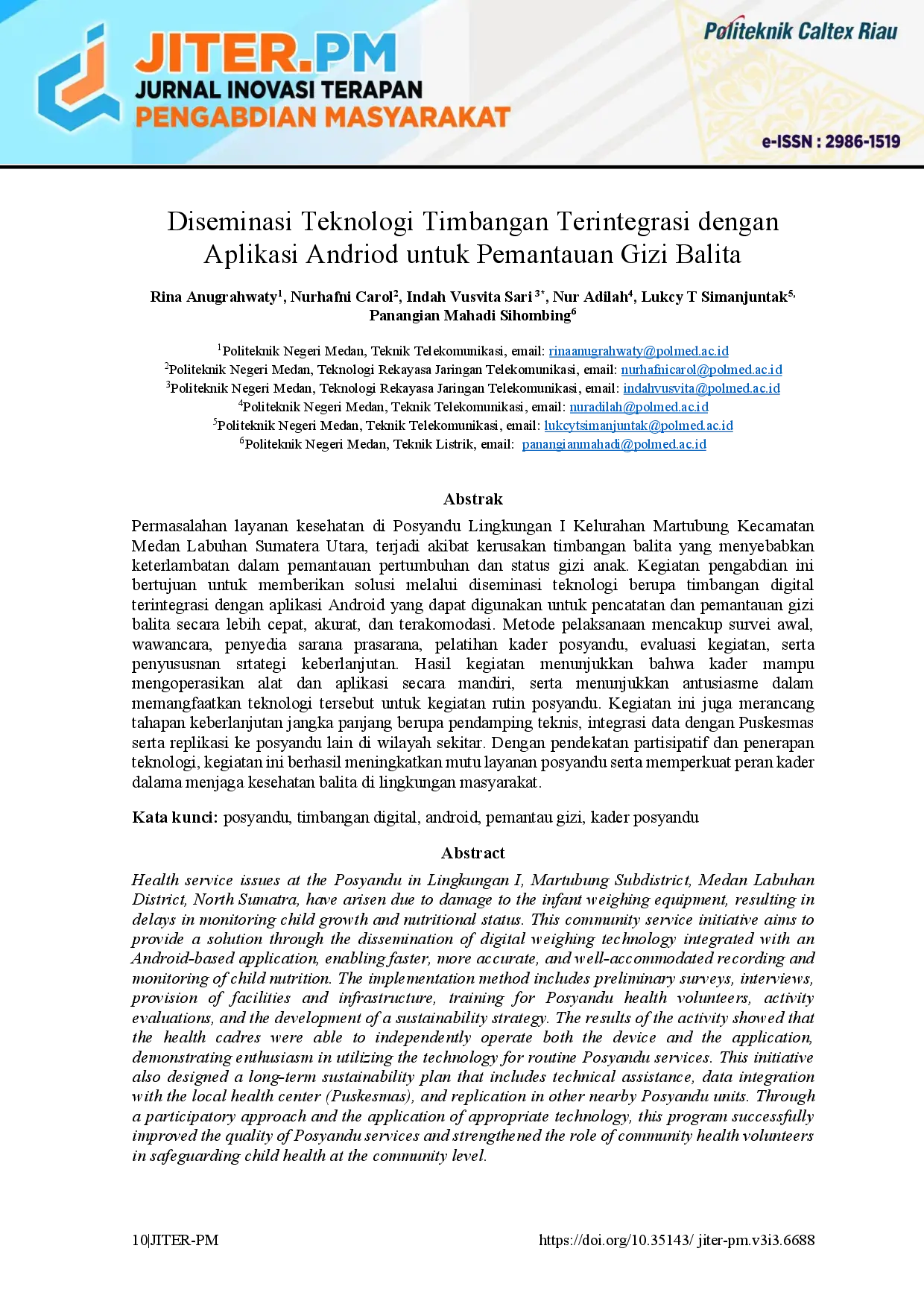 juris Diseminasi Teknologi Timbangan Terintegrasi dengan Aplikasi Andriod untuk Pemantauan Gizi Balita