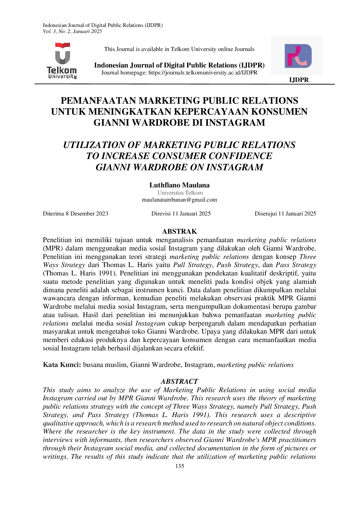 JURIS Pemanfaatan Marketing Public Relations Untuk Meningkatkan Kepercayaan Konsumen Gianni Wardrobe Di Instagram