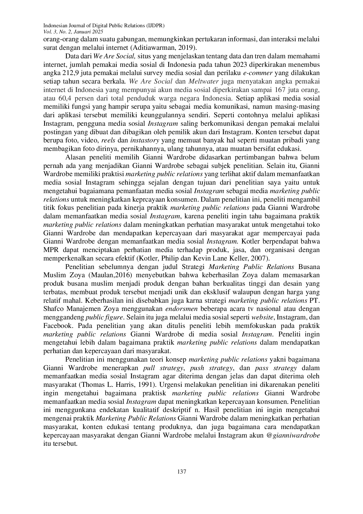 JURIS Pemanfaatan Marketing Public Relations Untuk Meningkatkan Kepercayaan Konsumen Gianni Wardrobe Di Instagram