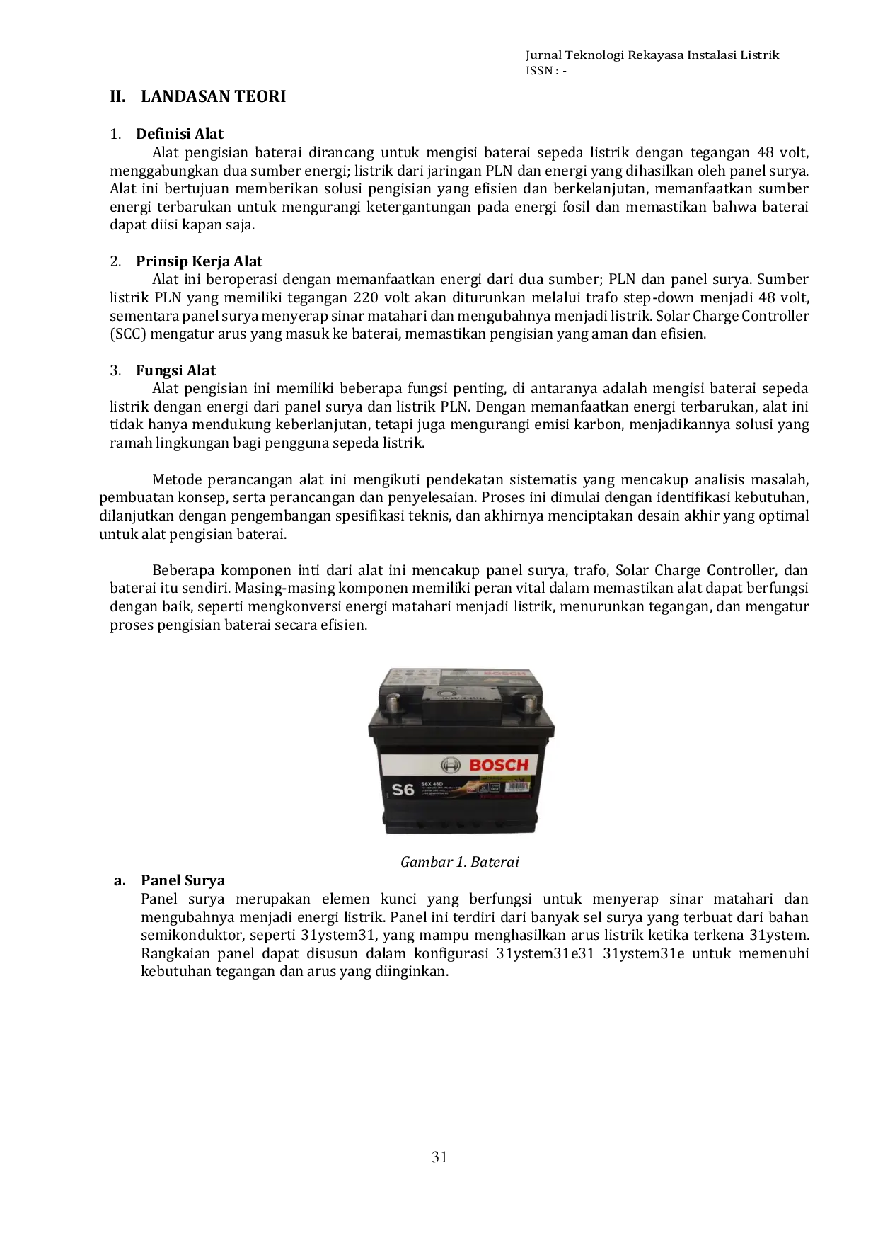 JURIS Rancang Bangun Sistem Pengisian Baterai 48 Volt 12 Ah dengan Sumber Kombinasi Panel Surya dan Listrik PLN