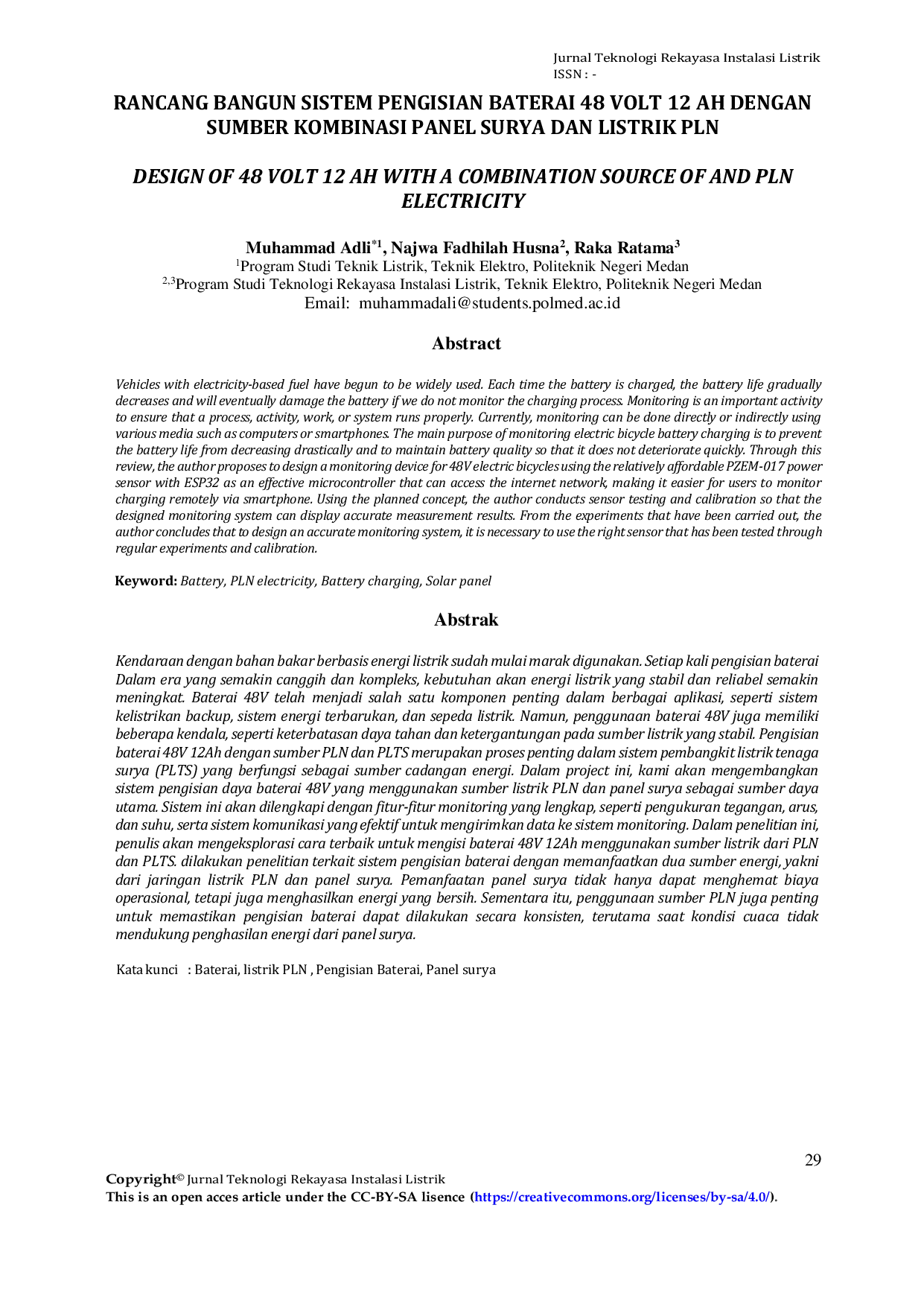 JURIS Rancang Bangun Sistem Pengisian Baterai 48 Volt 12 Ah dengan Sumber Kombinasi Panel Surya dan Listrik PLN