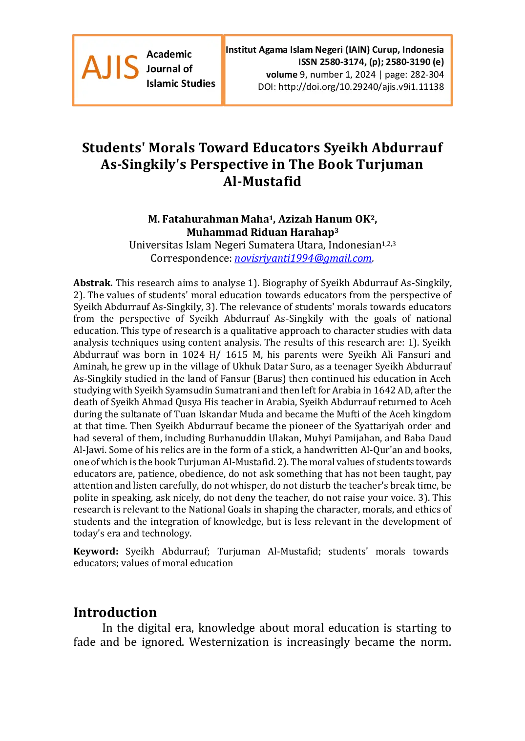 JURIS Students Morals Toward Educators Syeikh Abdurrauf As Singkily s Perspective in The Book Turjuman Al Mustafid