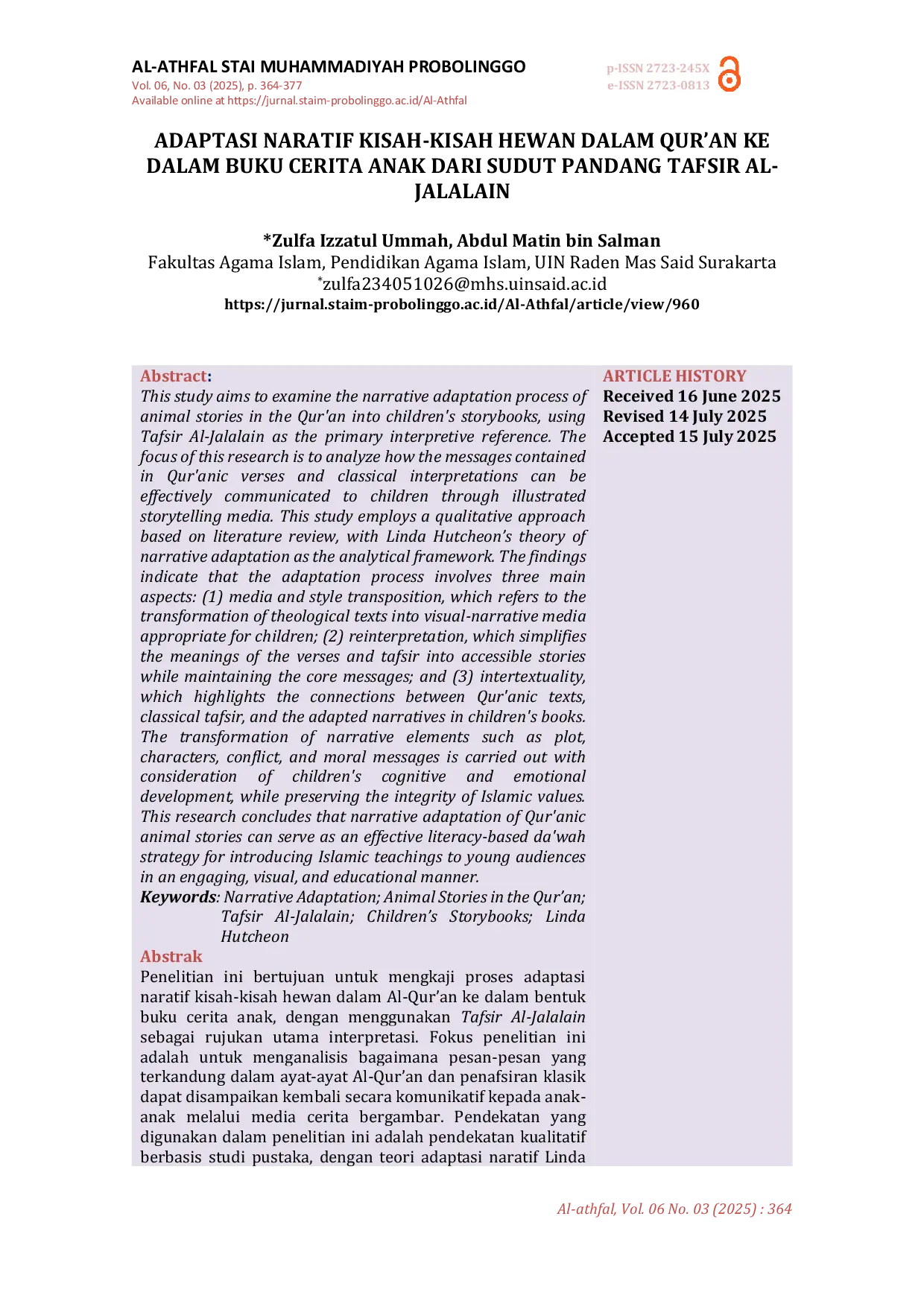 JURIS Adaptasi Naratif Kisah Kisah Hewan dalam Al Qur an ke dalam Buku Cerita Anak dari Sudut Pandang Tafsir Al Jalalain