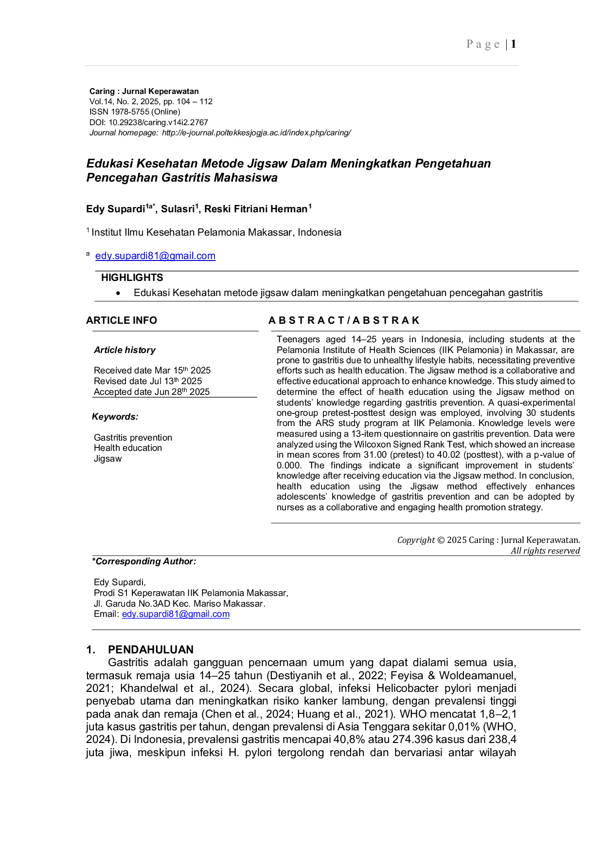 JURIS Edukasi Kesehatan Metode Jigsaw Dalam Meningkatkan Pengetahuan Pencegahan Gastritis Mahasiswa
