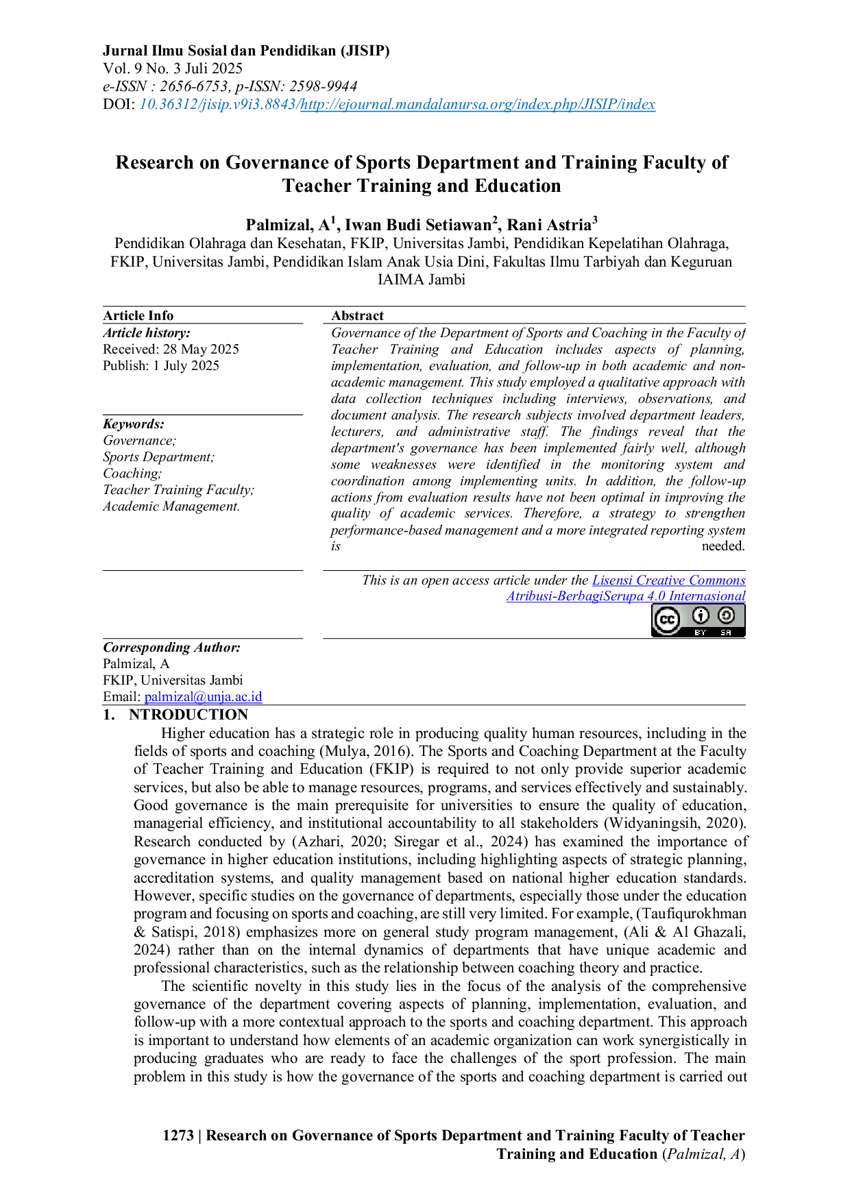 JURIS Research on Governance of Sports Department and Training Faculty of Teacher Training and Education