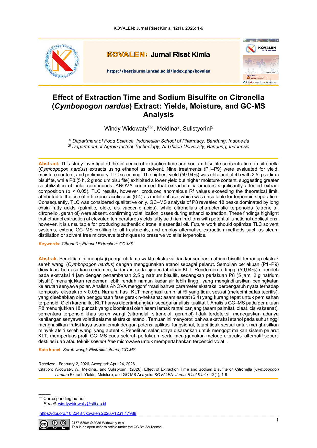 JURIS Effect of Extraction Time and Sodium Bisulfite on Citronella Cymbopogon nardus Extract Yields Moisture and GC MS Analysis