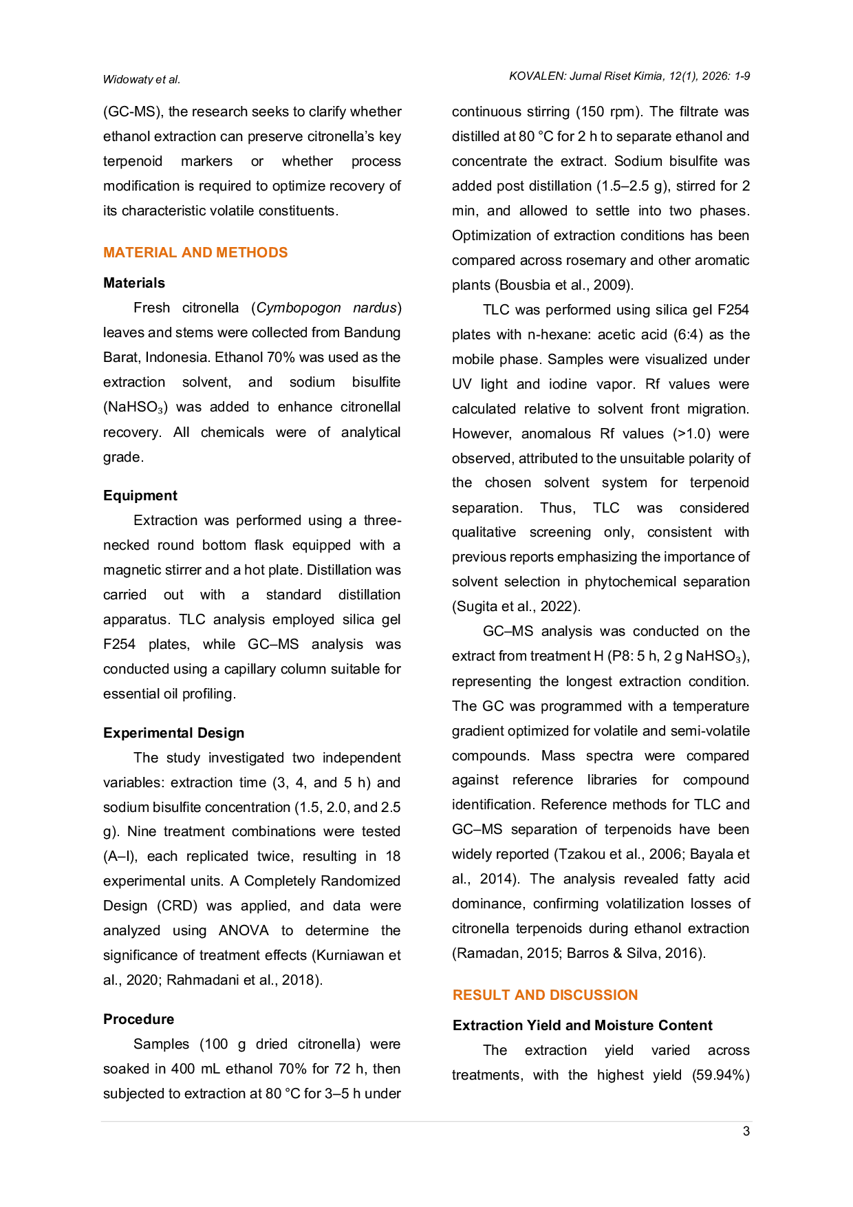 JURIS Effect of Extraction Time and Sodium Bisulfite on Citronella Cymbopogon nardus Extract Yields Moisture and GC MS Analysis
