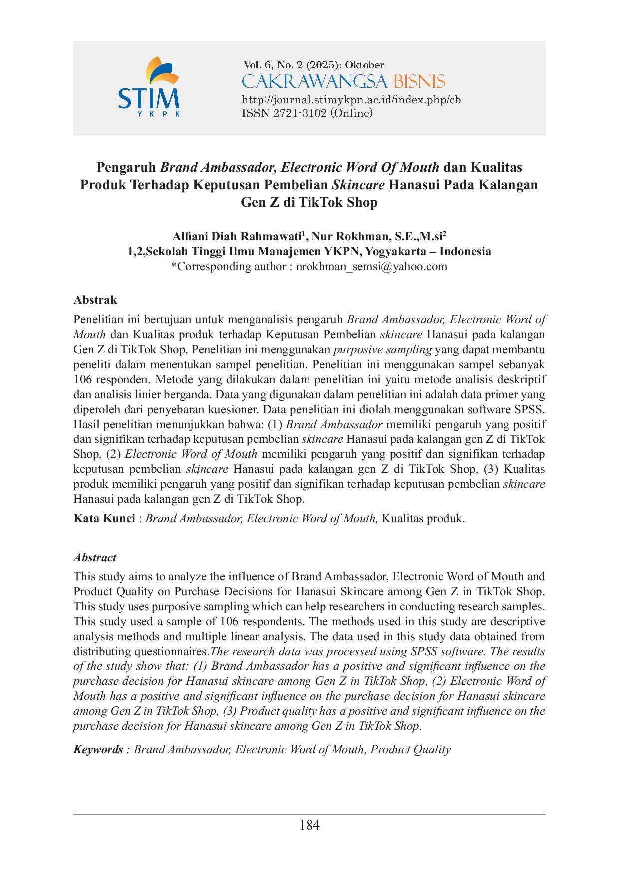 JURIS Pengaruh Brand Ambassador Electronic Word of Mouth dan Kualitas Produk terhadap Keputusan Pembelian Skincare Hanasui Pada Kalangan Gen Z di TikTok Shop Indonesia