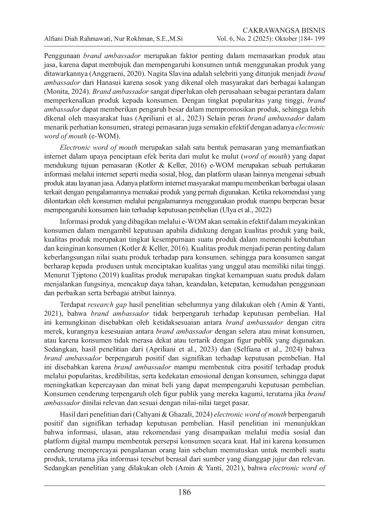 JURIS Pengaruh Brand Ambassador Electronic Word of Mouth dan Kualitas Produk terhadap Keputusan Pembelian Skincare Hanasui Pada Kalangan Gen Z di TikTok Shop Indonesia