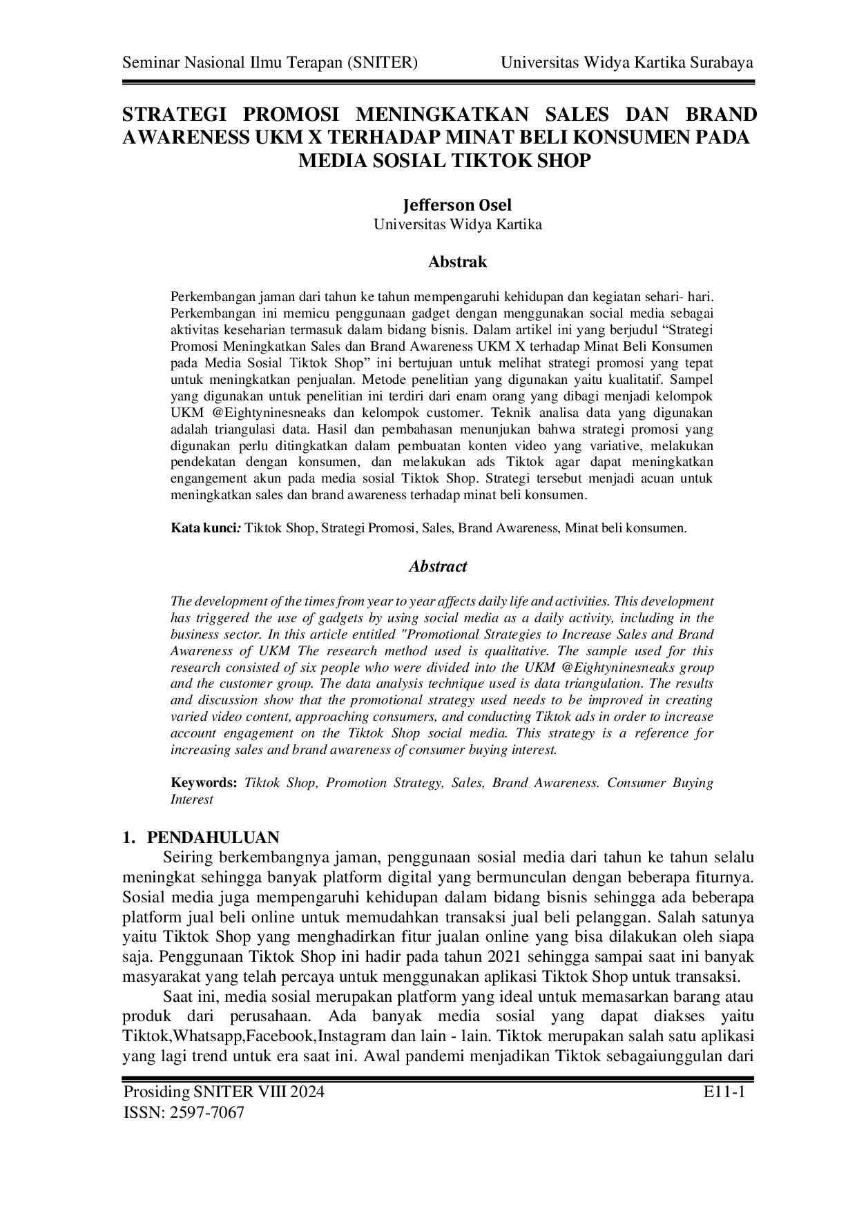JURIS Strategi Promosi Meningkatkan Sales Dan Brand Awareness Ukm X Terhadap Minat Beli Konsumen Pada Media Sosial Tiktok Shop