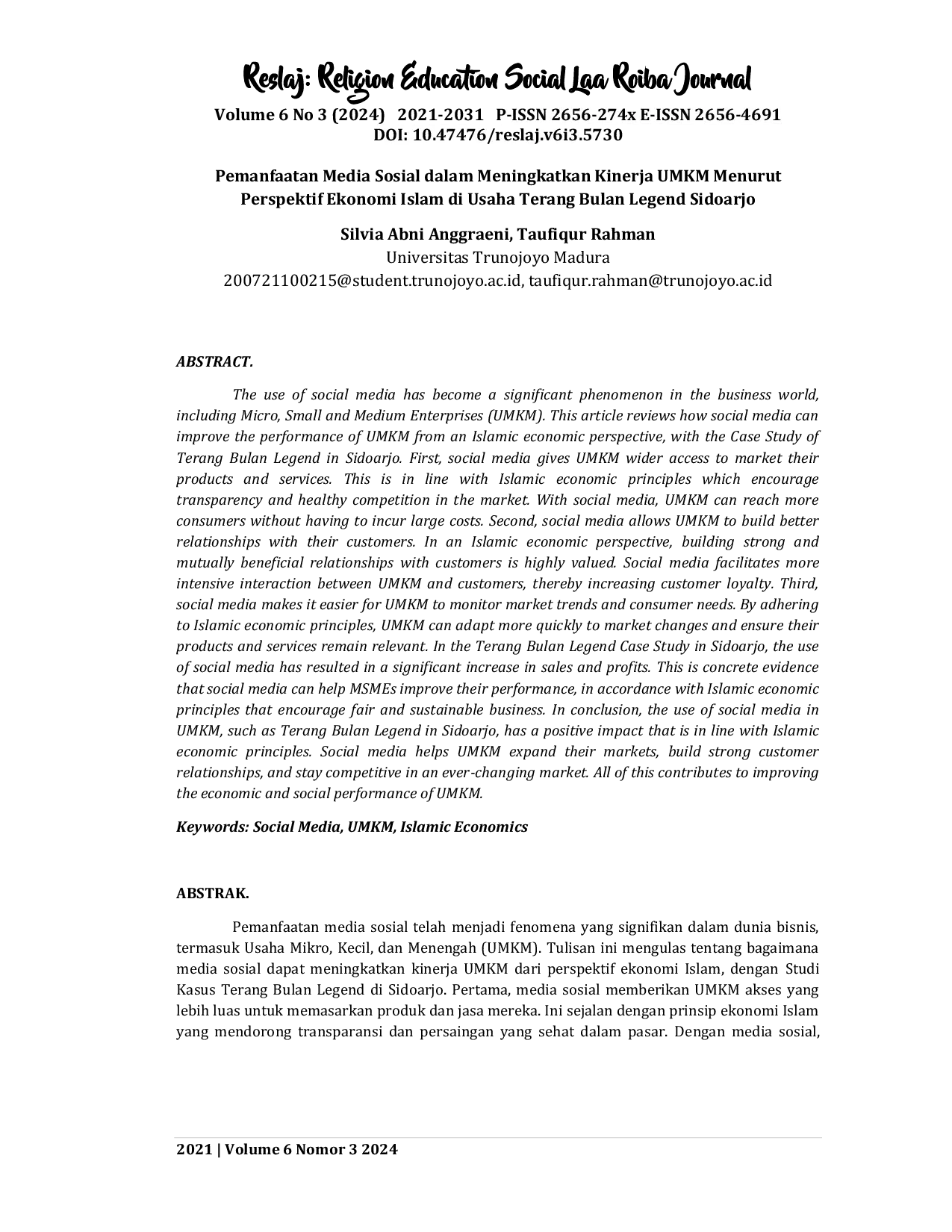 JURIS Pemanfaatan Media Sosial dalam Meningkatkan Kinerja UMKM Menurut Perspektif Ekonomi Islam di Usaha Terang Bulan Legend Sidoarjo
