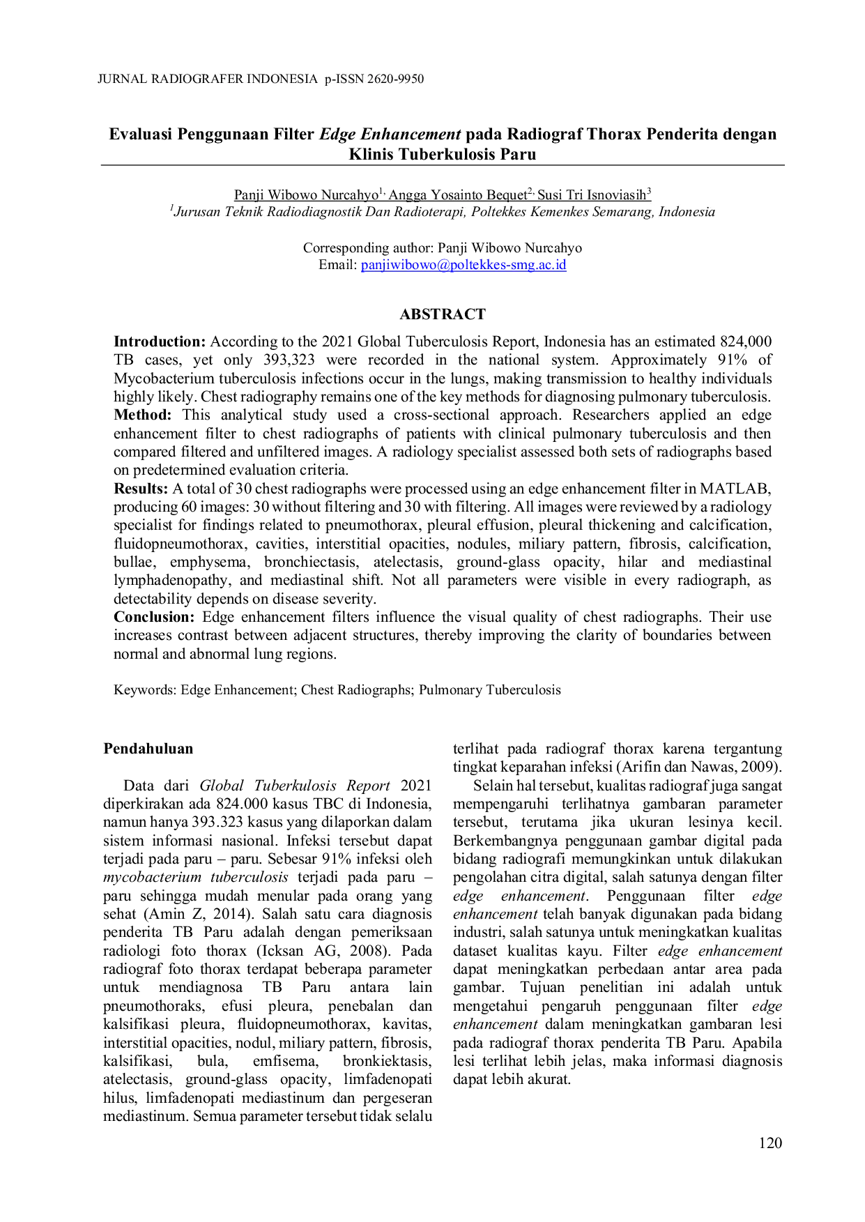 JURIS Evaluasi Penggunaan Filter Edge Enhancement pada Radiograf Thorax Penderita dengan Klinis Tuberkulosis Paru