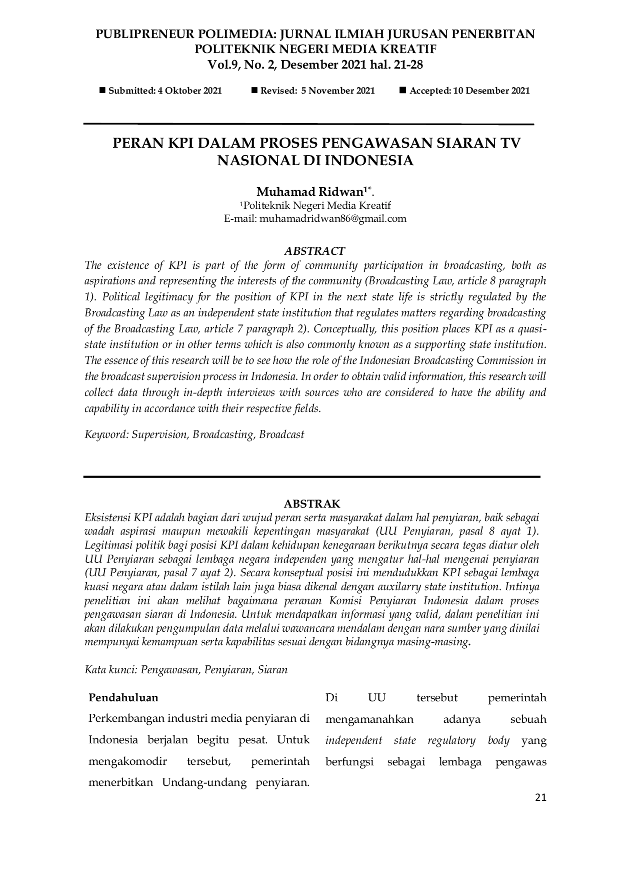 JURIS Peran Kpi Dalam Proses Pengawasan Siaran Tv Nasional Di Indonesia