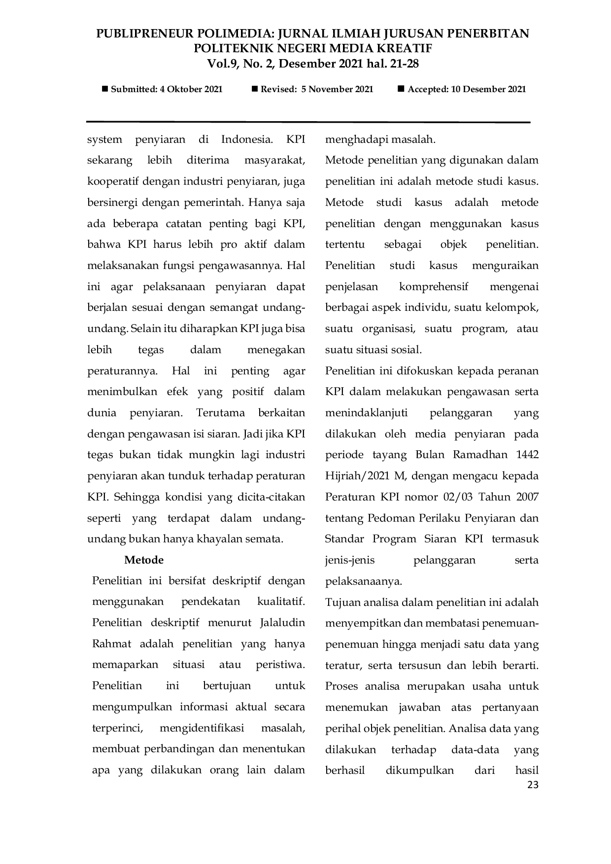 JURIS Peran Kpi Dalam Proses Pengawasan Siaran Tv Nasional Di Indonesia