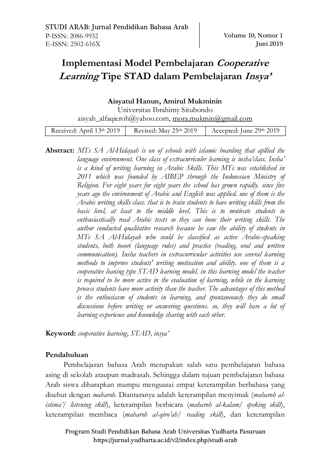 JURIS Implementasi Model Pembelajaran Cooperative Learning Tipe STAD dalam Pembelajaran Insya