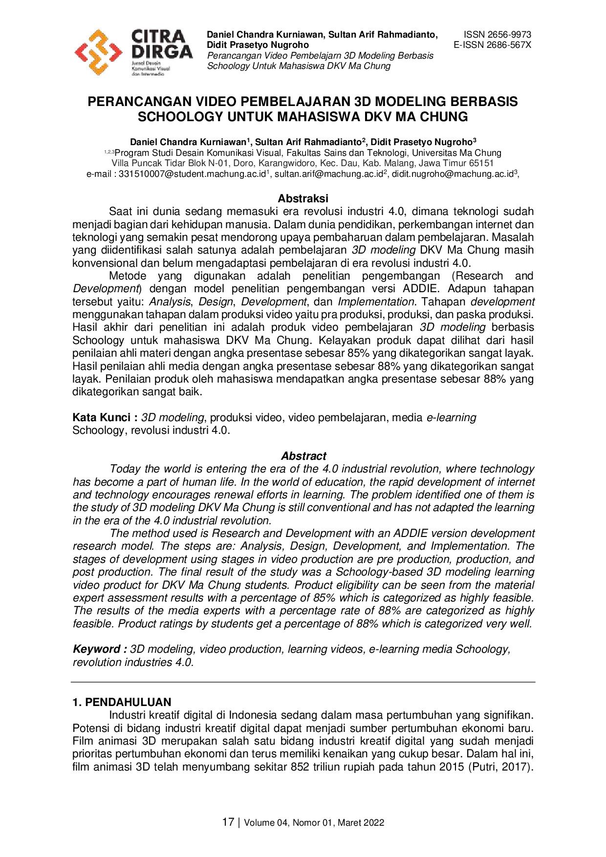 JURIS Perancangan Video Pembelajaran 3D Modeling Berbasis Schoology Untuk Mahasiswa DKV Ma Chung