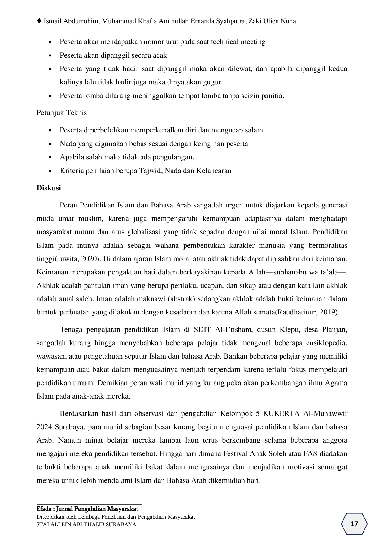 JURIS Penyelenggaraan Festival Anak Sholeh FAS sebagai Bentuk Pengabdian Masyarakat di Bidang Pendidikan