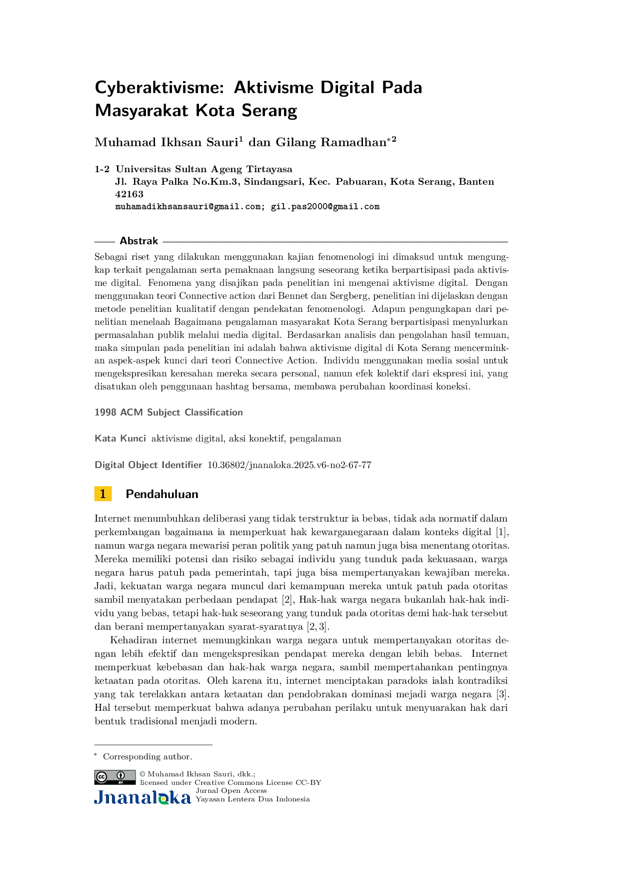 JURIS Cyberaktivisme Aktivisme Digital Pada Masyarakat Kota Serang