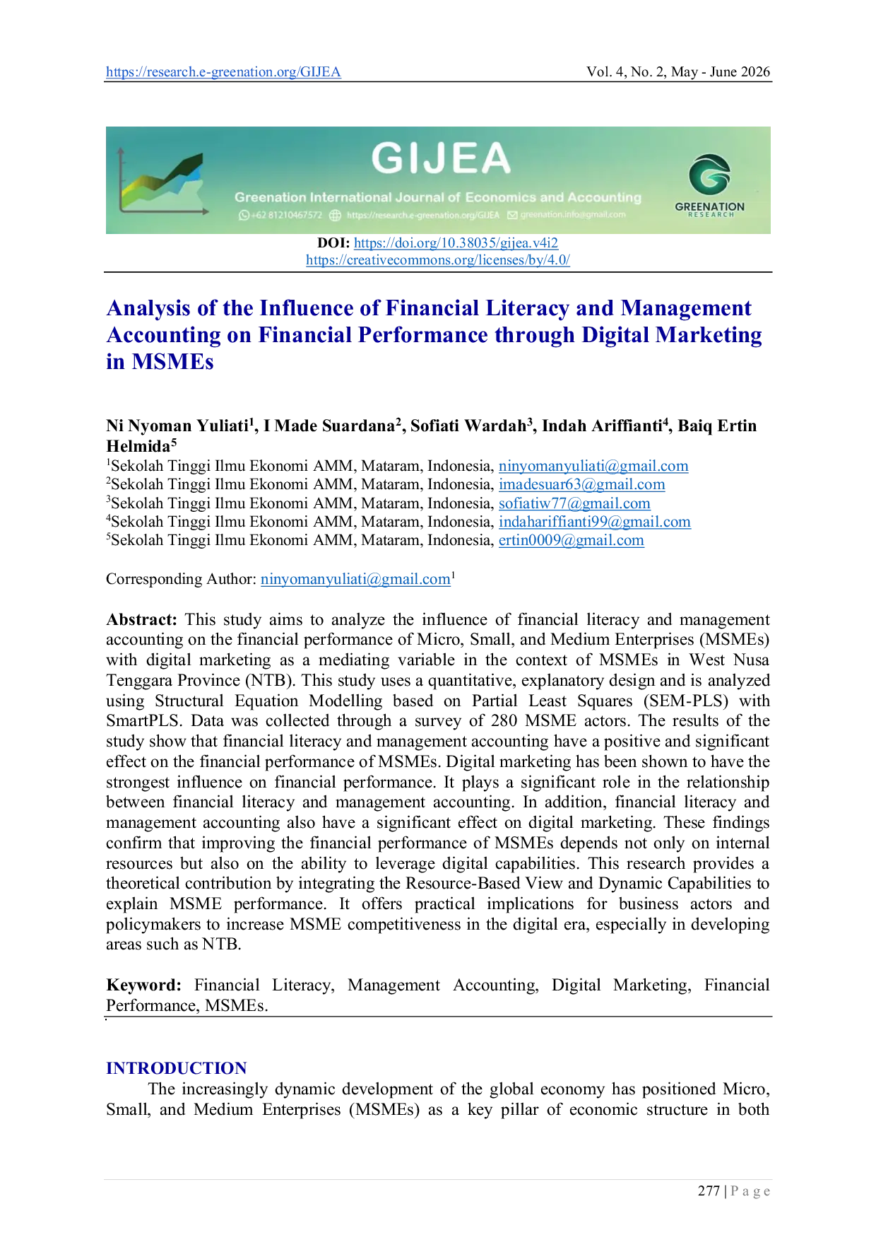 JURIS Analysis of the Influence of Financial Literacy and Management Accounting on Financial Performance through Digital Marketing in MSMEs