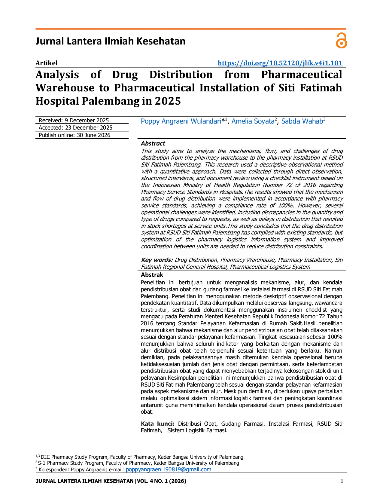 JURIS Analysis of Drug Distribution from Pharmaceutical Warehouse to Pharmaceutical Installation of Siti Fatimah Hospital Palembang in 2025